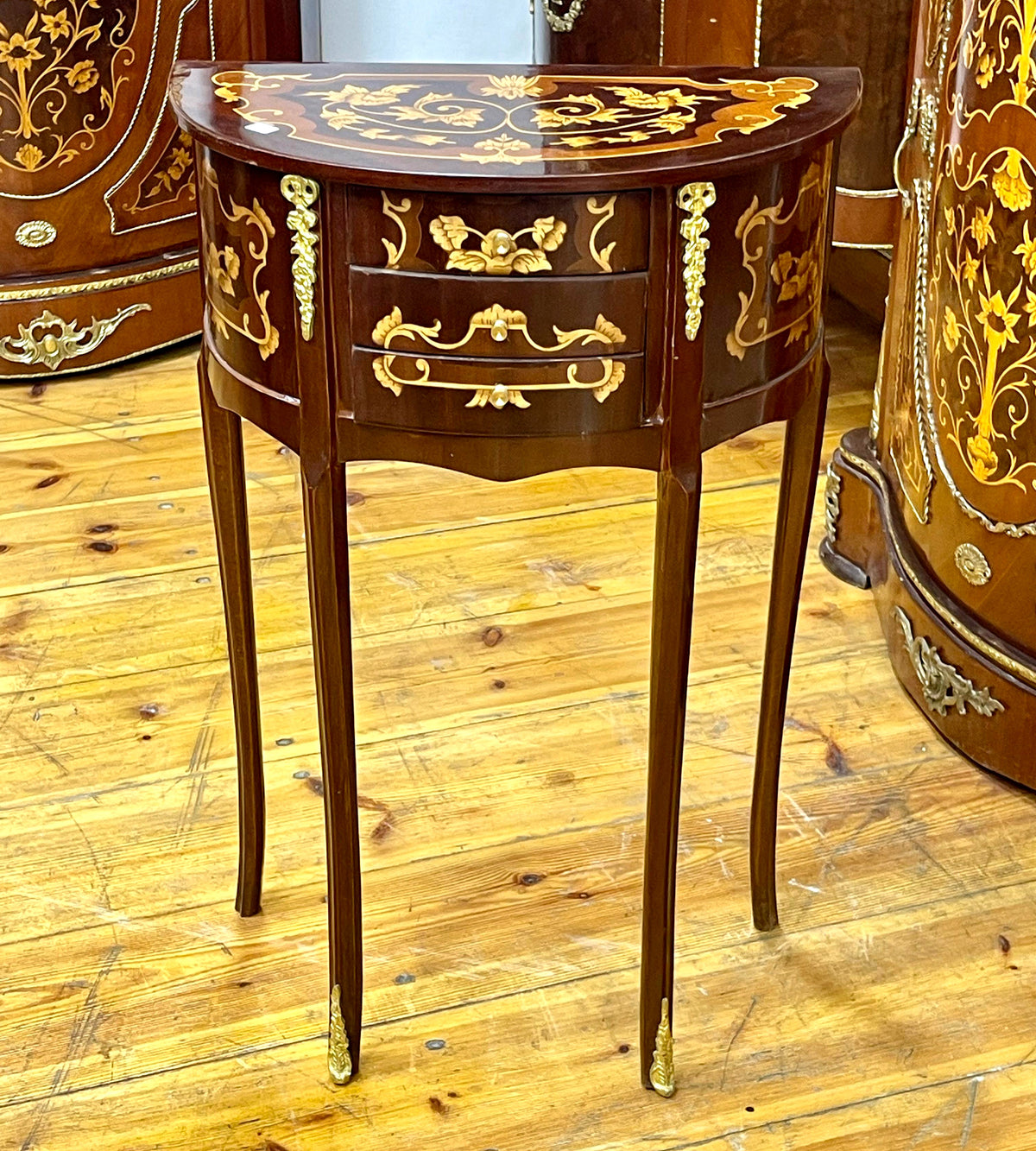 French-Style Demilune Side Table – Three Small Drawers with Floral Marquetry & Gilded Details
