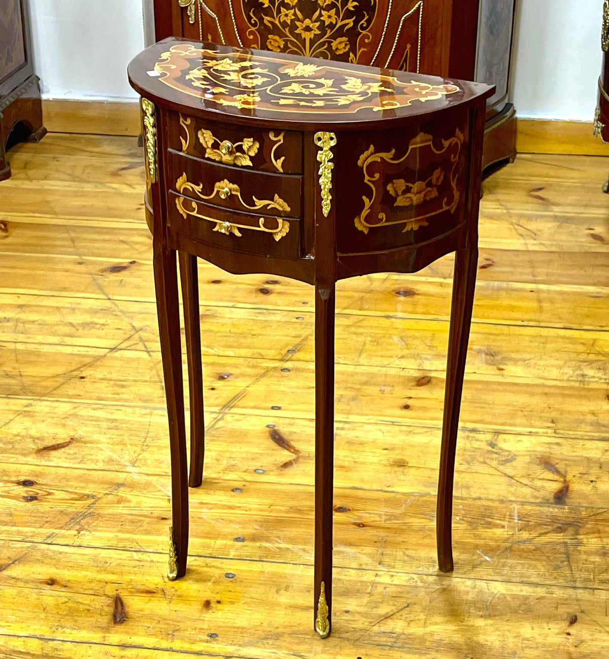 French-Style Demilune Side Table – Three Small Drawers with Floral Marquetry & Gilded Details