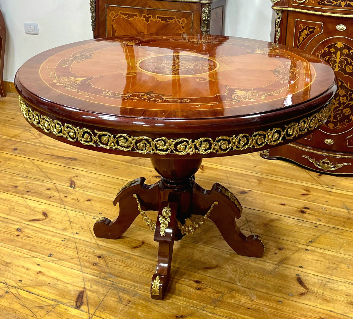 Luxury French Round Dining Table – Rich Wood Finish with Ornate Gilded Ornament