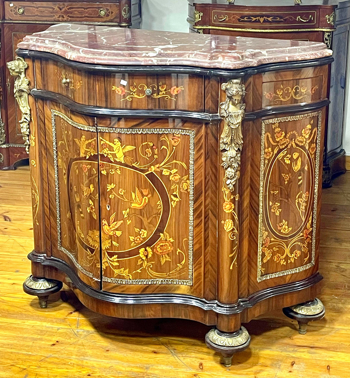 French Louis XV Style Bombe Commode – Floral Marquetry, Marble Top & Gilded Bronze Details