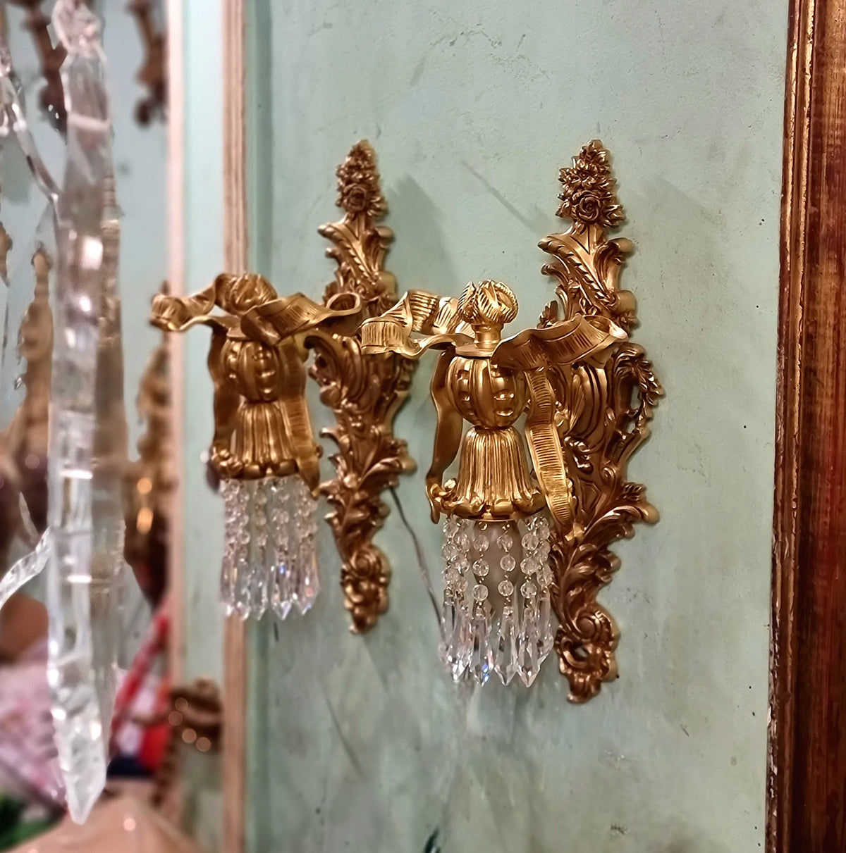 Ornate French-Style Crystal Wall Sconces – Gilded Bronze & Gold Leaf with Cascading Crystal Drops