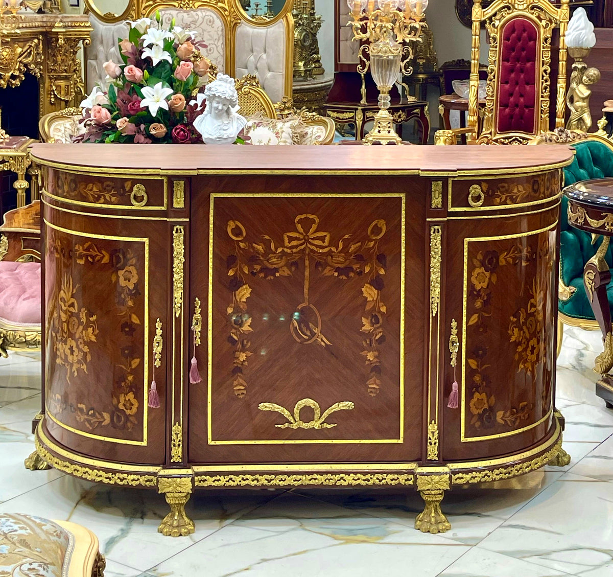 Grand French Louis XVI-Style Commode – Floral Marquetry, Marble Top & Gilded Decorative Details
