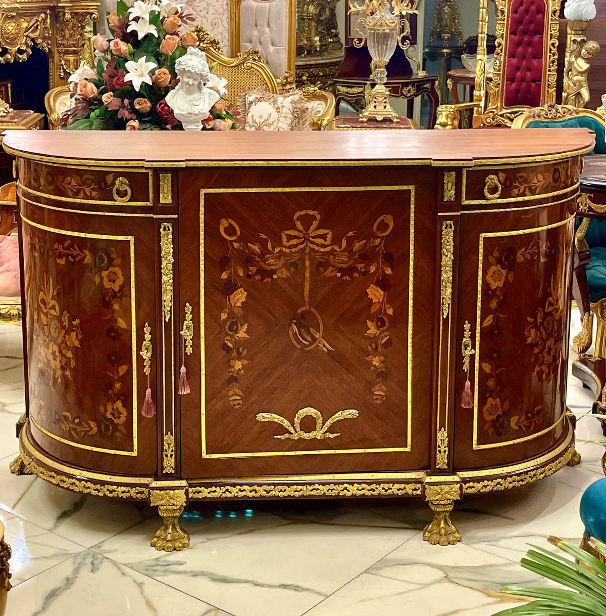 Grand French Louis XVI-Style Commode – Floral Marquetry, Marble Top & Gilded Decorative Details
