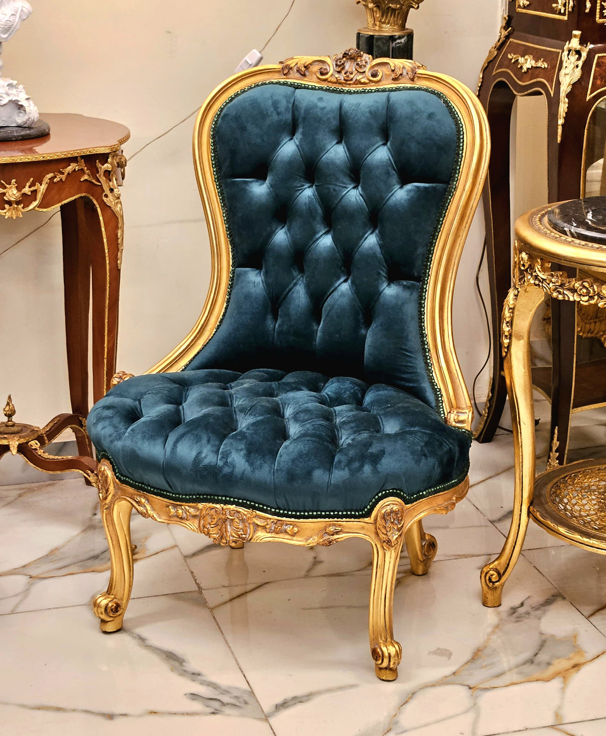 French Louis XV Style Bergère Chair – Bottle Green Tufted Velvet with Ornate Gold Leaf Frame