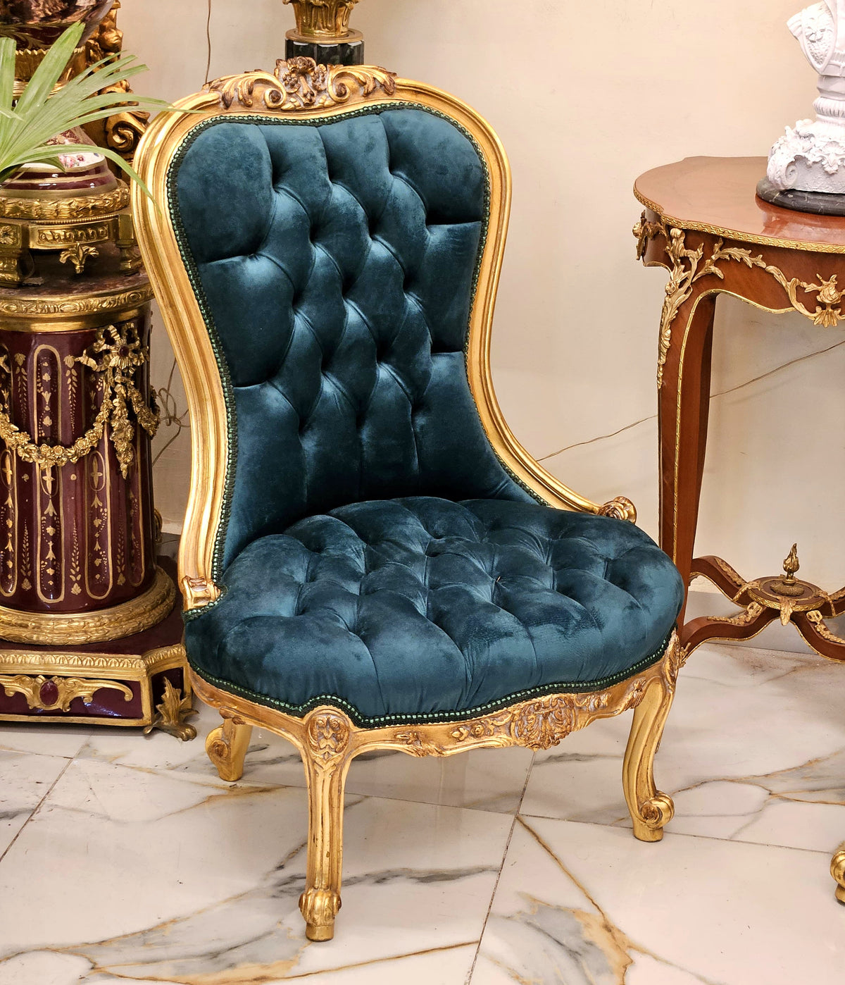 French Louis XV Style Bergère Chair – Bottle Green Tufted Velvet with Ornate Gold Leaf Frame