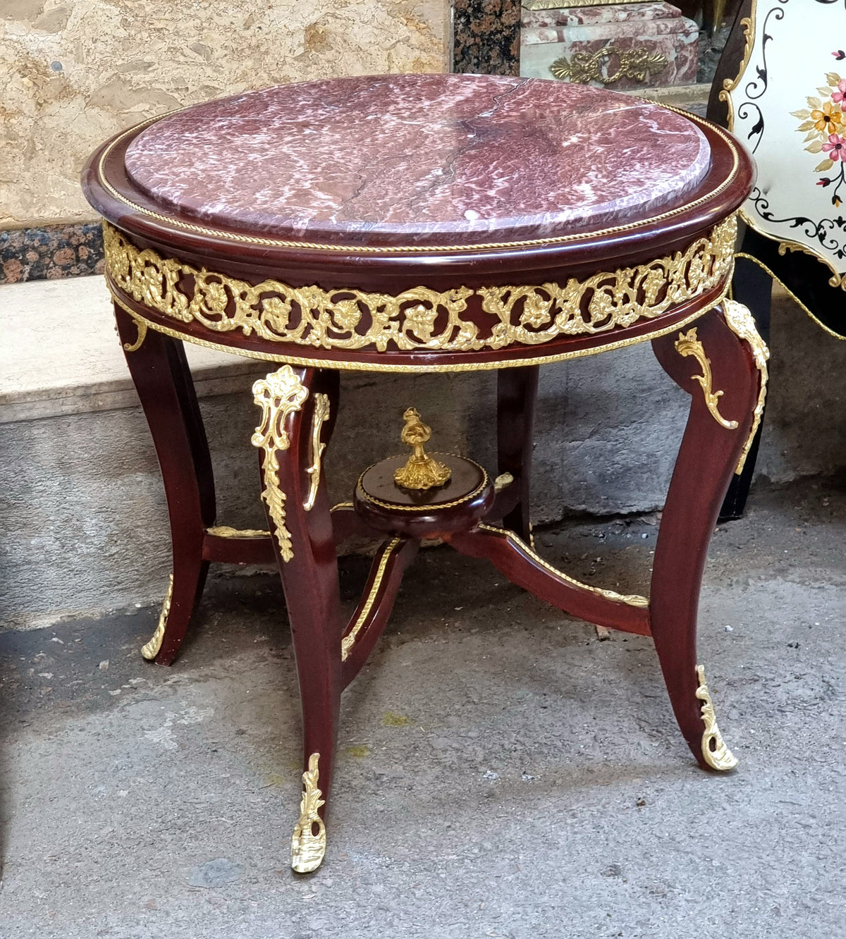 Ornate Italian Victorian Center Table – Gilded Wood Base with Glass Top & Marble-Inspired Finish