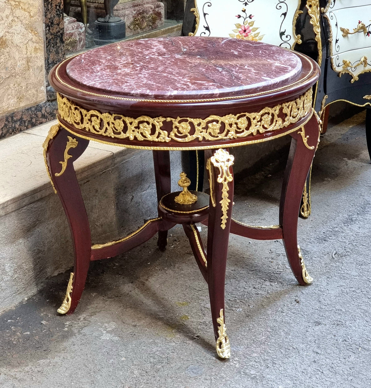 Ornate Italian Victorian Center Table – Gilded Wood Base with Glass Top & Marble-Inspired Finish