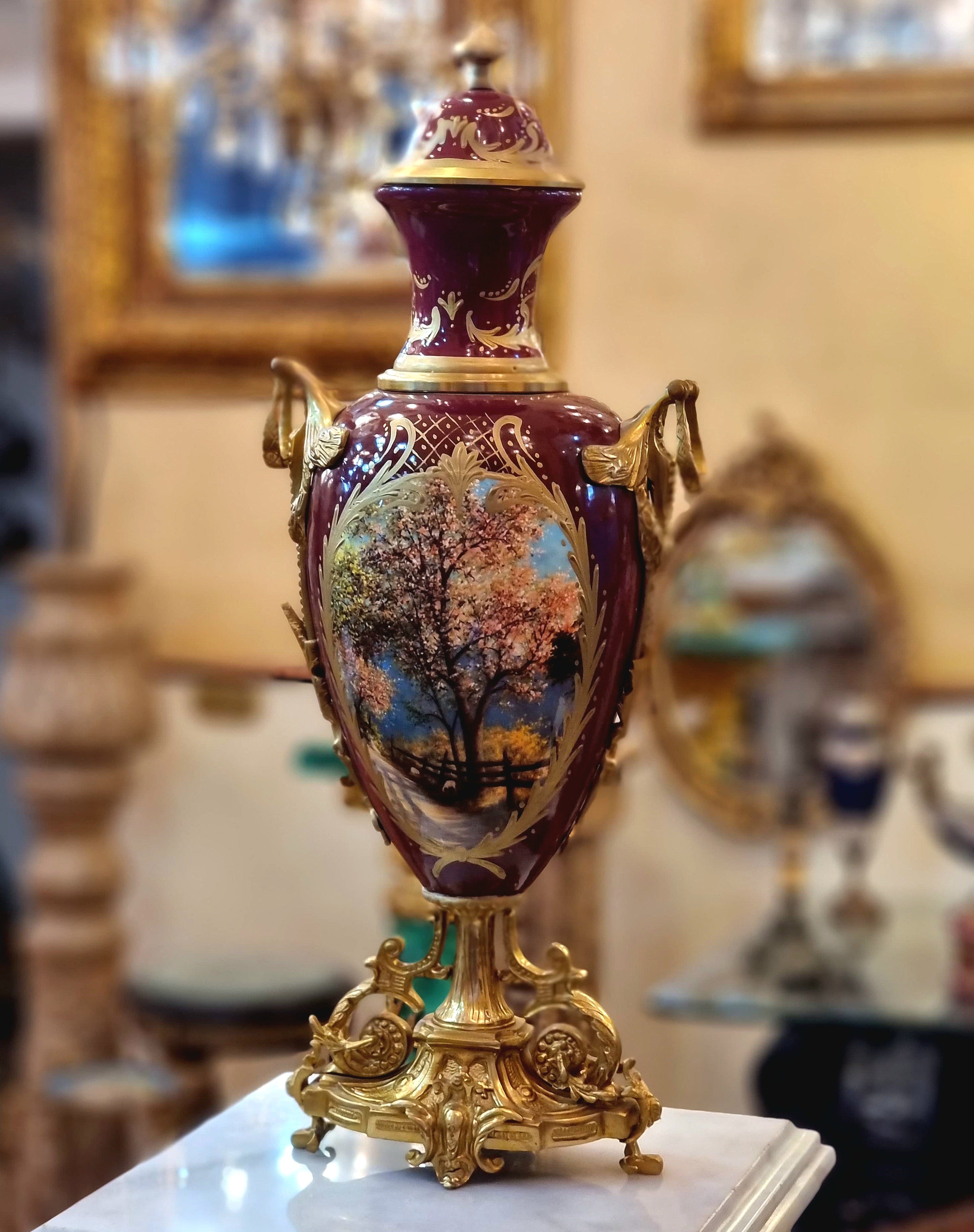 Luxury Burgundy French Porcelain Vase – Romantic Victorian Scene with Gold Accents