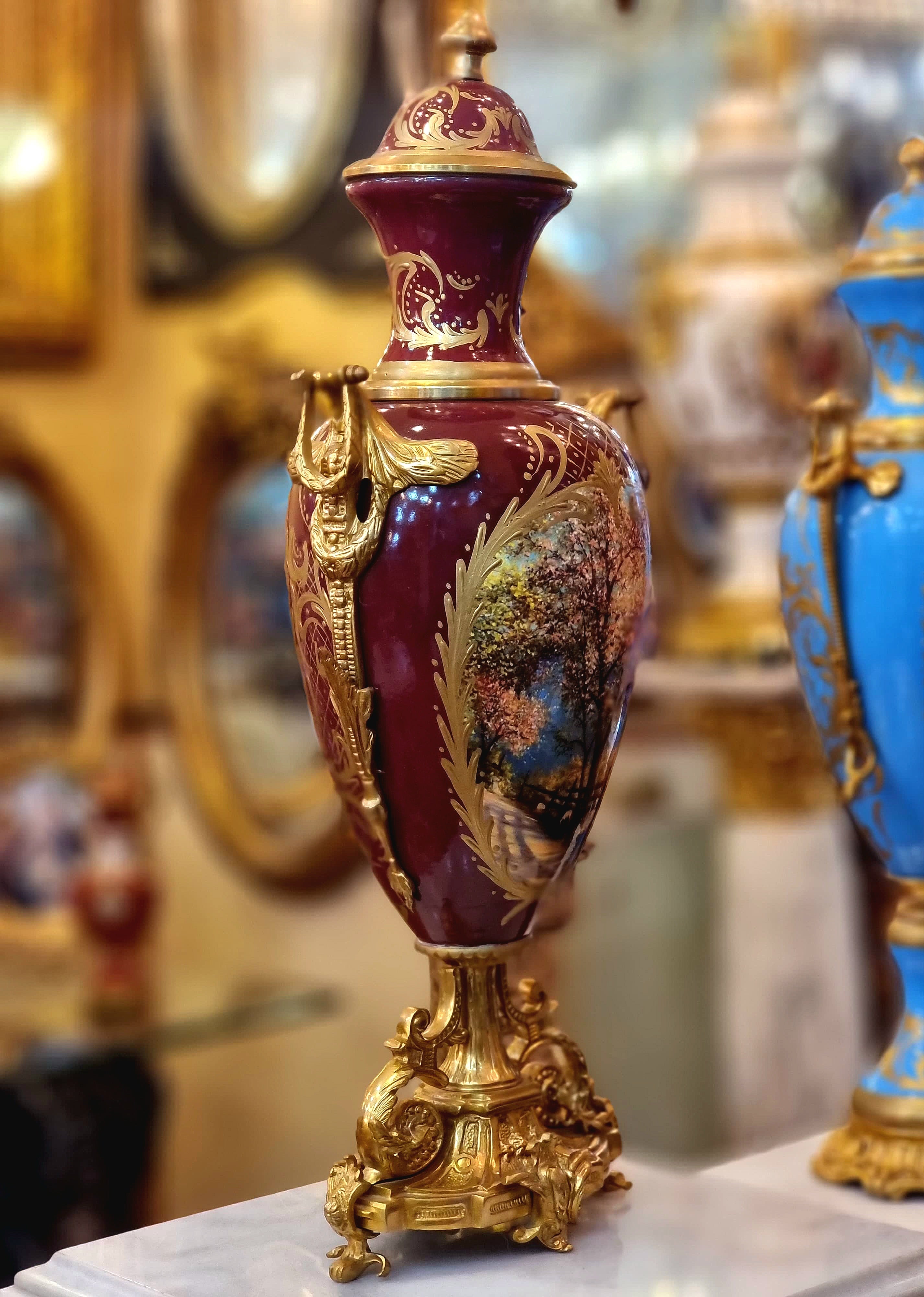 Luxury Burgundy French Porcelain Vase – Romantic Victorian Scene with Gold Accents