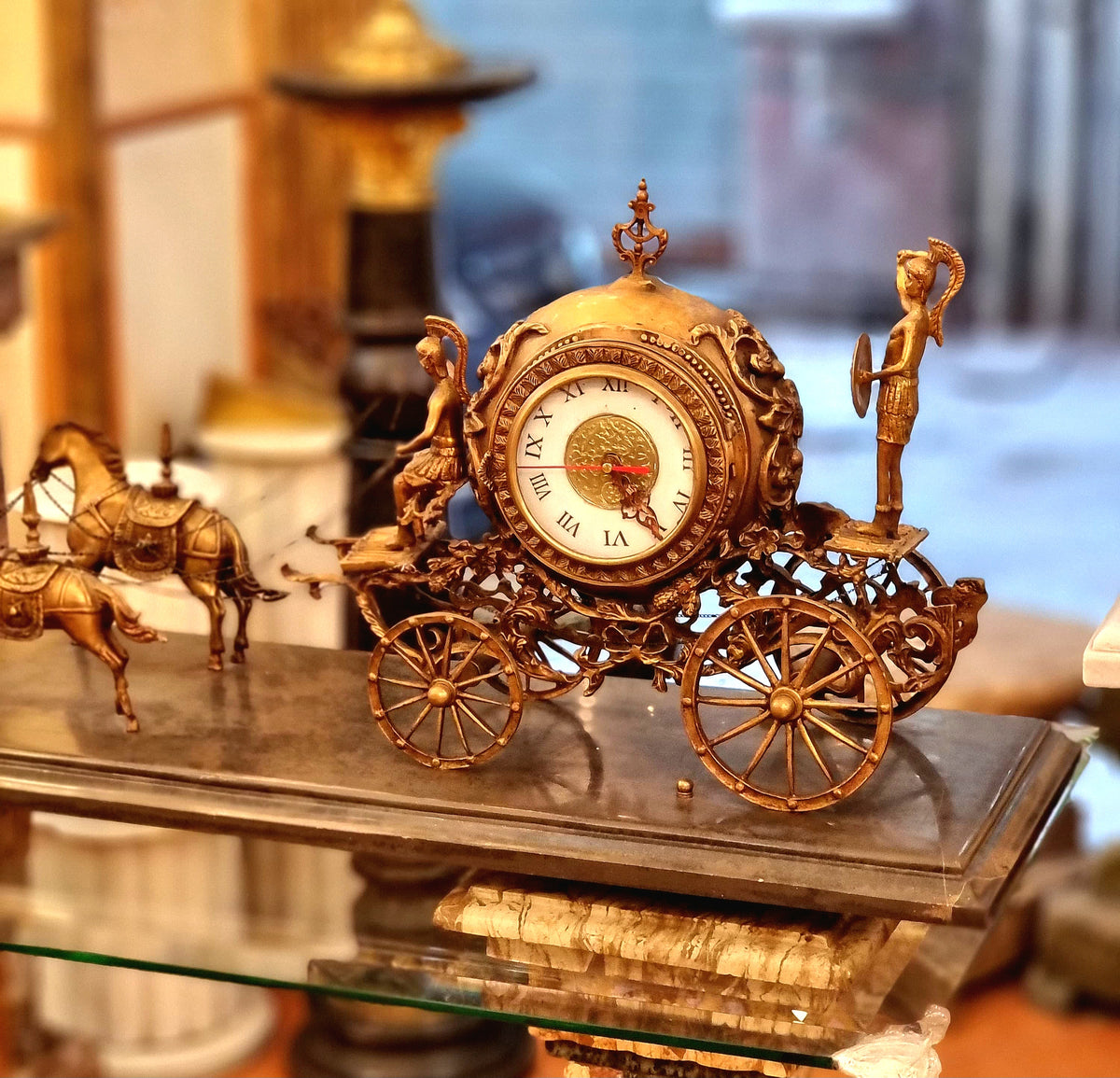 French-Style Gilded Bronze Carriage Clock – Horse-Drawn Chariot with Ornate Gold Leaf Details