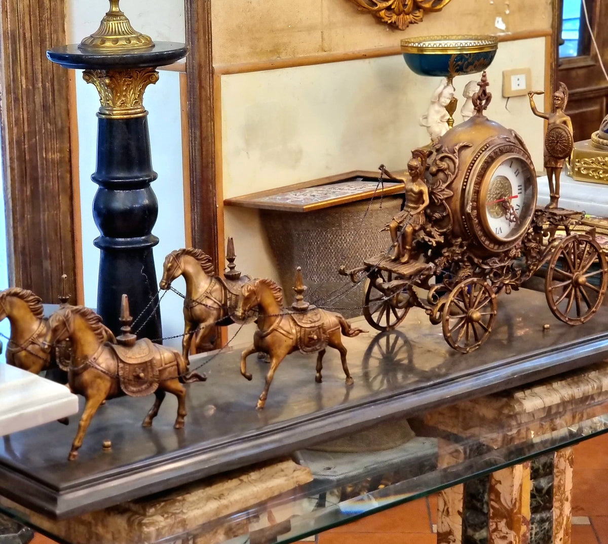 French-Style Gilded Bronze Carriage Clock – Horse-Drawn Chariot with Ornate Gold Leaf Details