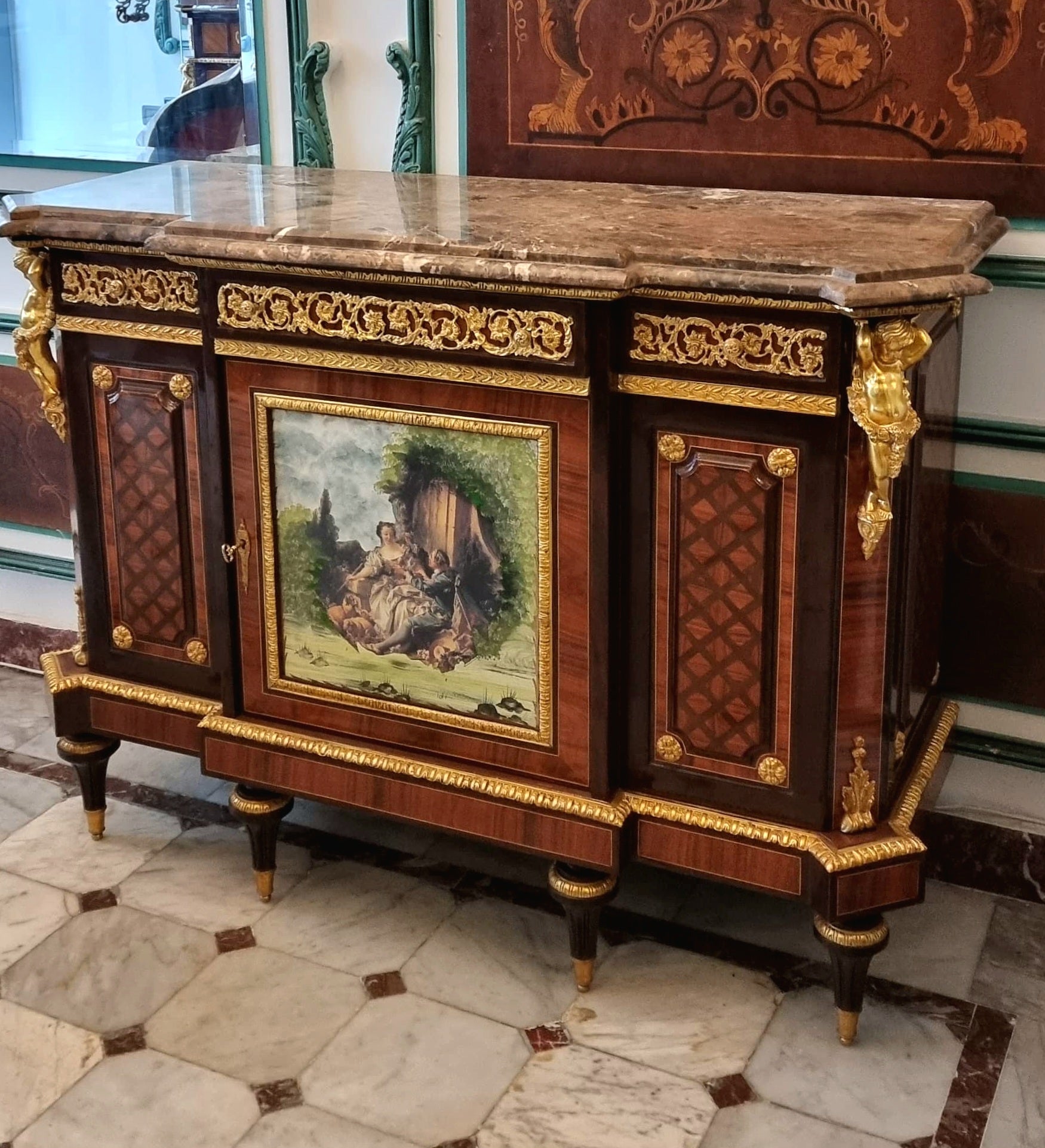 Grand French Louis XVI Style Sideboard – Heavy Wood, Marble Top, Gilded Bronze & Central Scenic Panel