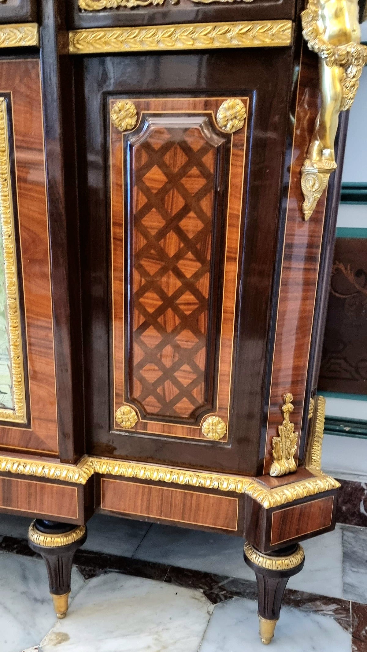 Grand French Louis XVI Style Sideboard – Heavy Wood, Marble Top, Gilded Bronze & Central Scenic Panel