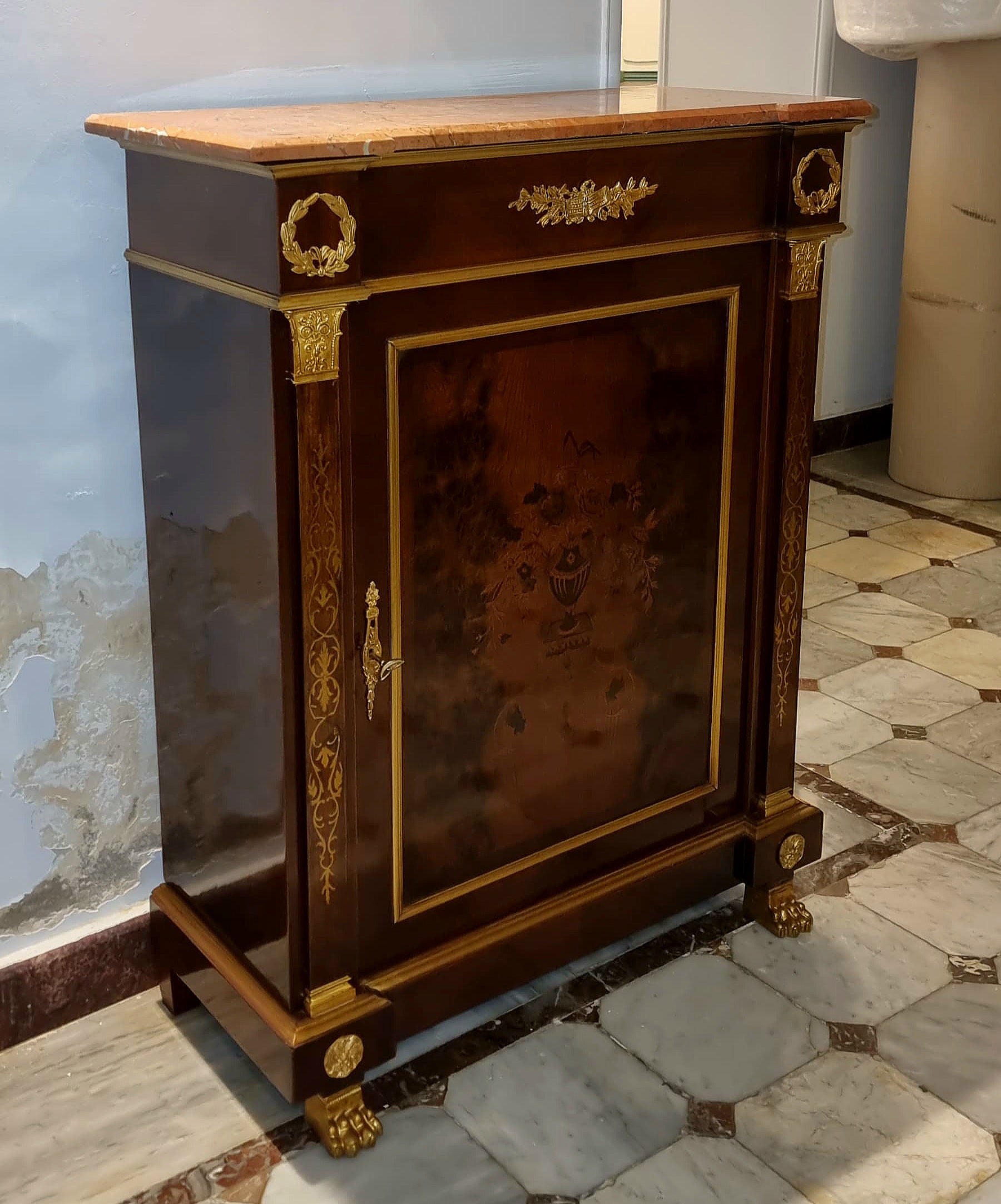 French Louis XVI Style Commode – Marble Top, Fine Marquetry Inlay & Ornate Gilded Bronze Details
