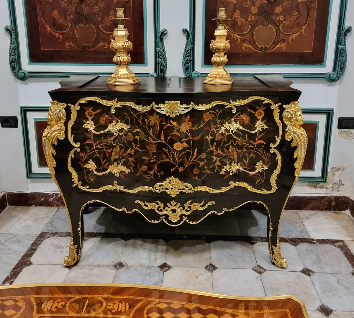 French Boulle Style Commode – Dark Wood Cabinet with Gold Leaf Ornaments & Two Large Drawers