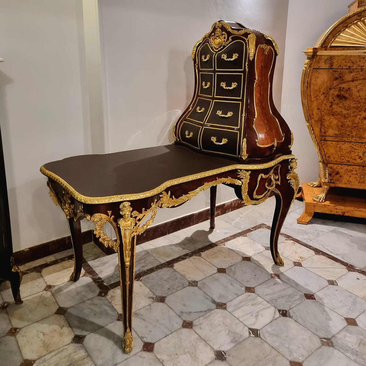 Grand Louis XV Style Writing Desk – 8 Drawers, Gilt Bronze & Gold Leaf Details, François Linke Inspired