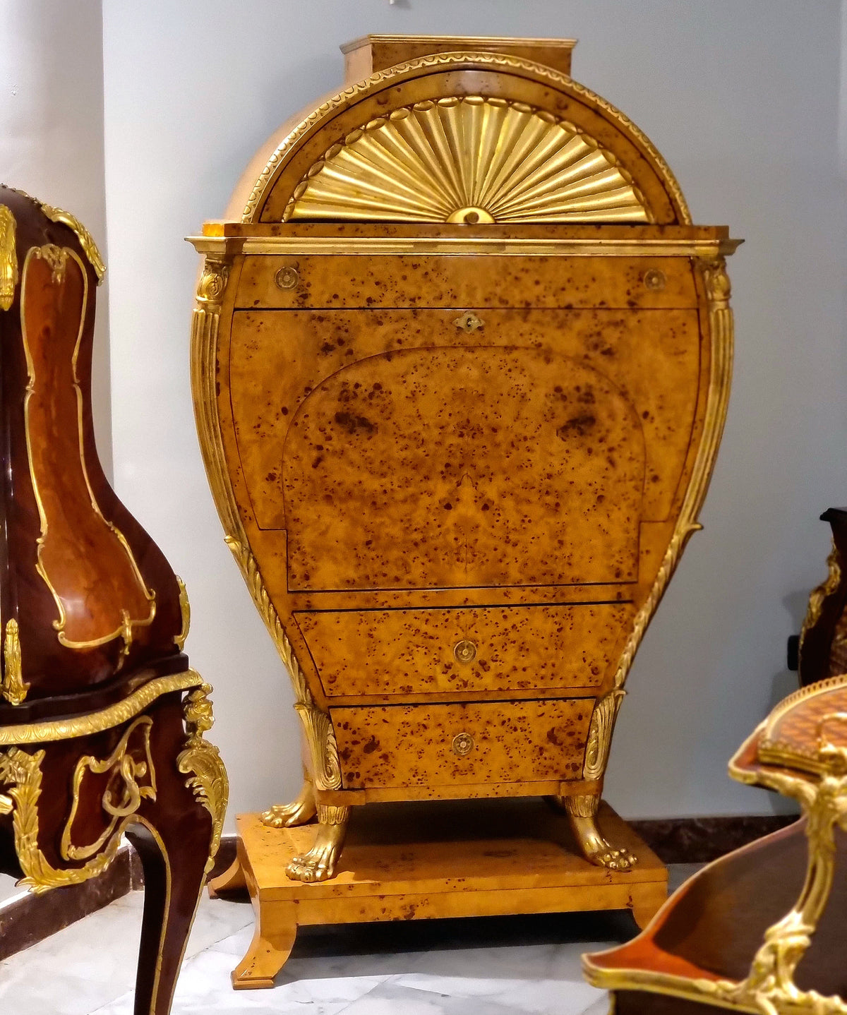 Magnificent Viennese Biedermeier-Style Secrétaire – Lyre-Inspired Cabinet with Gold Leaf & Bronze Details