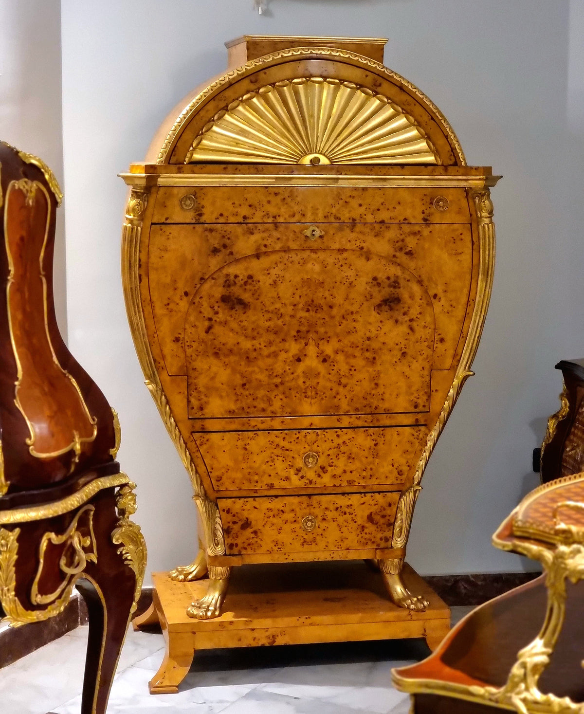 Magnificent Viennese Biedermeier-Style Secrétaire – Lyre-Inspired Cabinet with Gold Leaf & Bronze Details