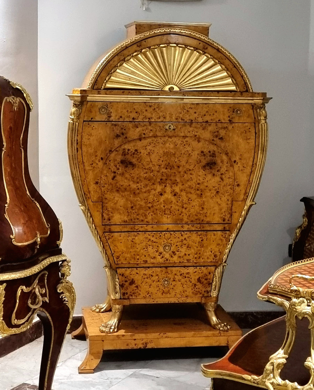 Magnificent Viennese Biedermeier-Style Secrétaire – Lyre-Inspired Cabinet with Gold Leaf & Bronze Details