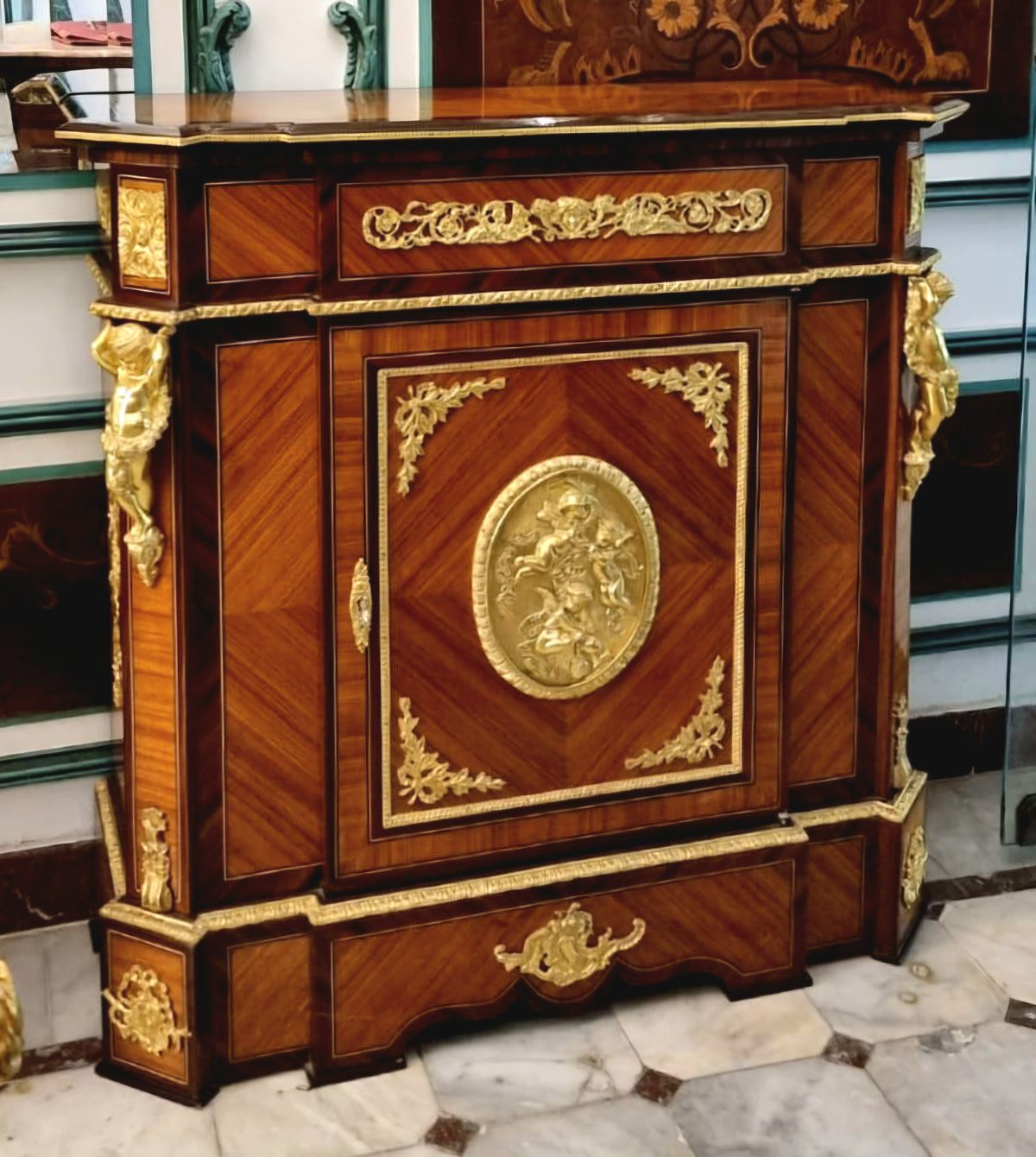 Grand French Louis XVI Style Cabinet – Rich Wood Finish with Gold Leaf & Ornate Bronze Details