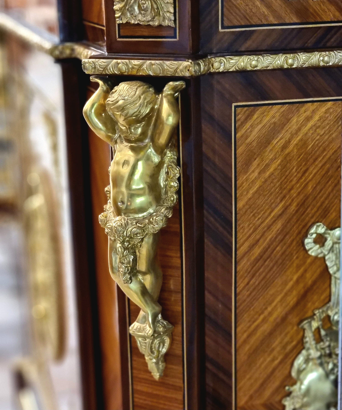 Grand French Louis XVI Style Cabinet – Rich Wood Finish with Gold Leaf & Ornate Bronze Details