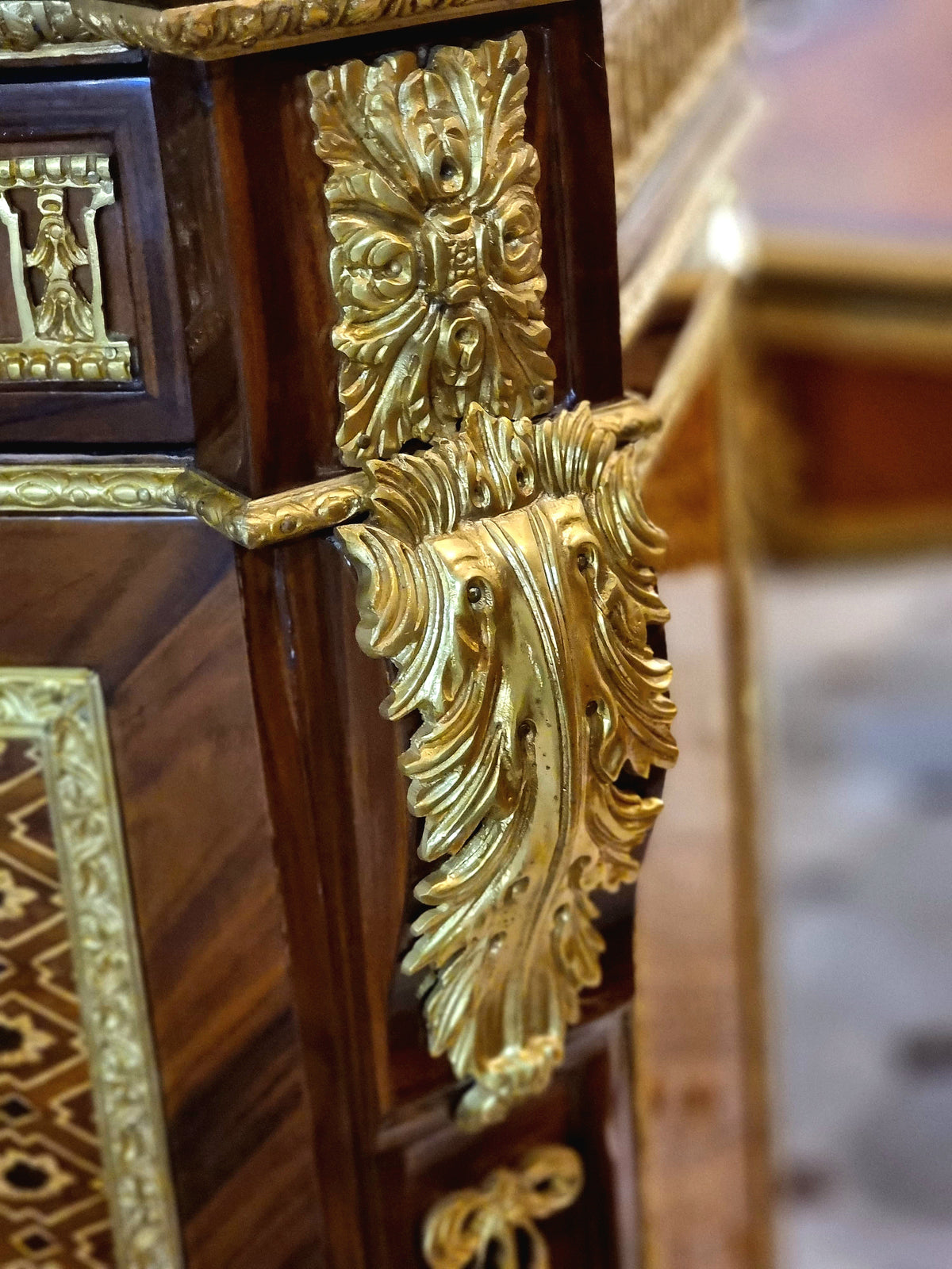 Grand French Louis XVI Style Cabinet – Rich Wood Finish with Gold Leaf & Ornate Bronze Details