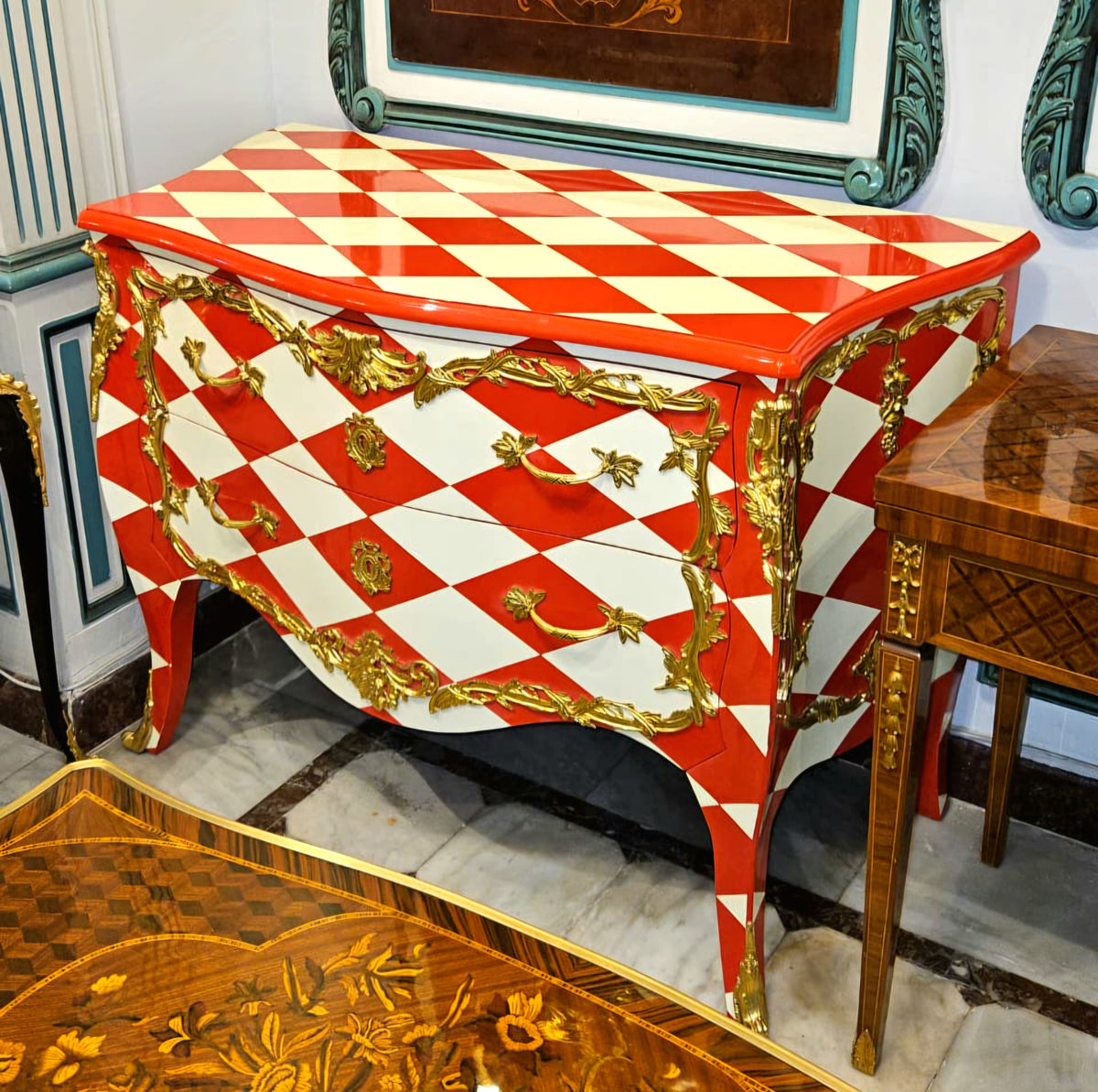 Dramatic French-Style Harlequin Commode – Red & White Finish with Gold Leaf & Bronze Details
