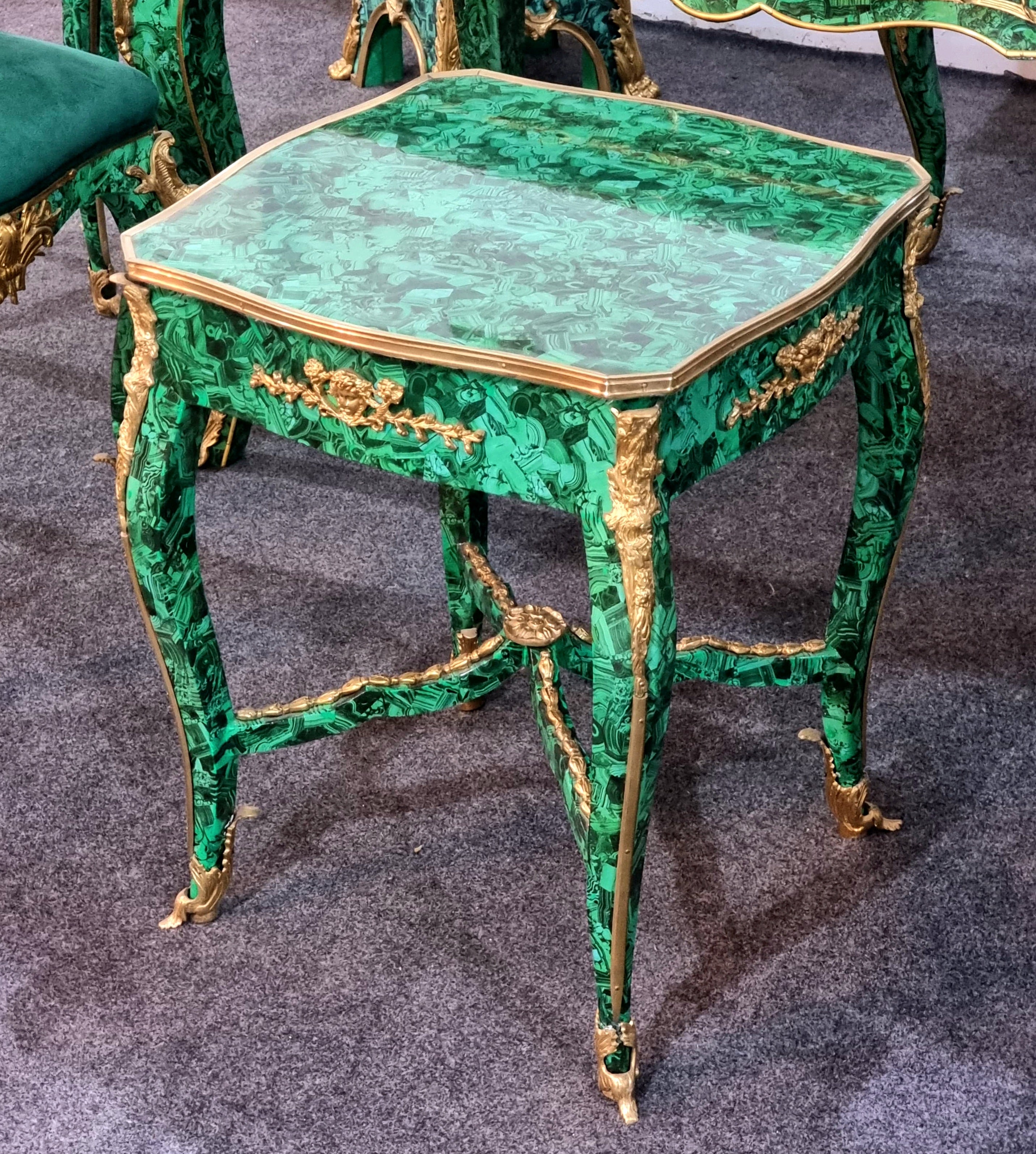 French Louis XV Style Side Table – Emerald Green Malachite-Inspired Finish with Gold Leaf & Ornate Bronze Details