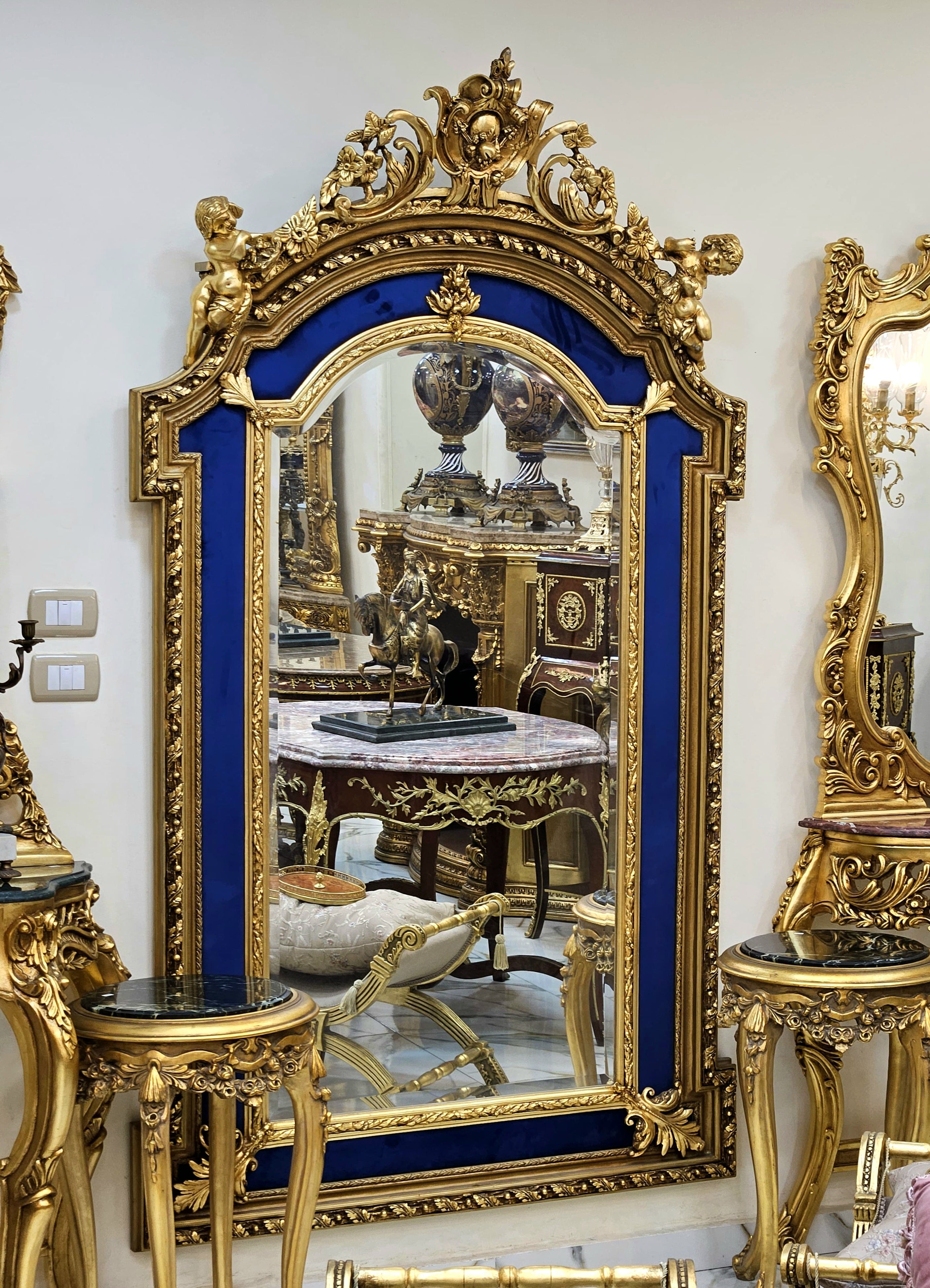 Regal French Baroque Mirror – Gilded Ornate Frame with Royal Blue Velvet Panels & Cherub Crest