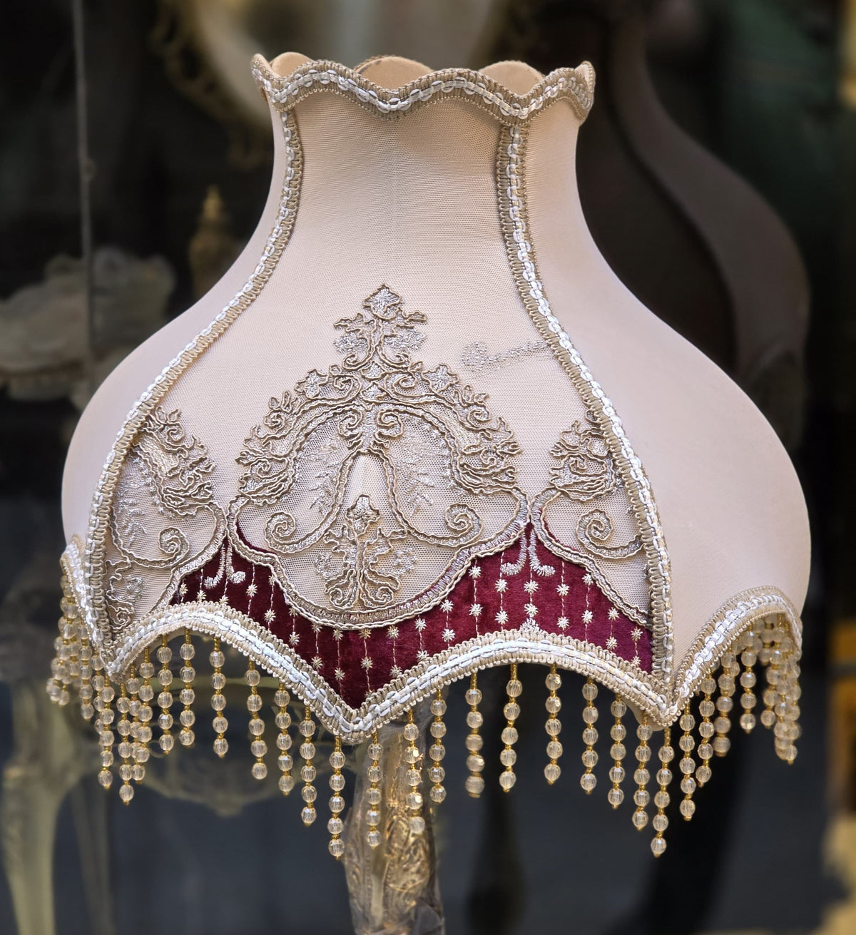 French-Style Gilded Floor Lamp – Ornate Gold Leaf Stand with Embroidered Burgundy & Ivory Shade