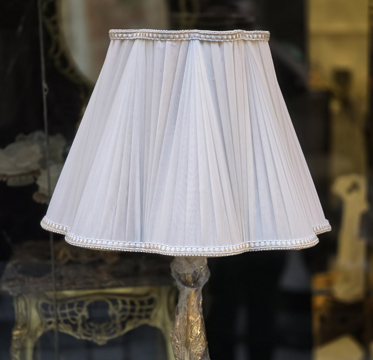 French-Style Gilded Floor Lamp – Ornate Gold Leaf Stand with Pleated Ivory Fabric Shade