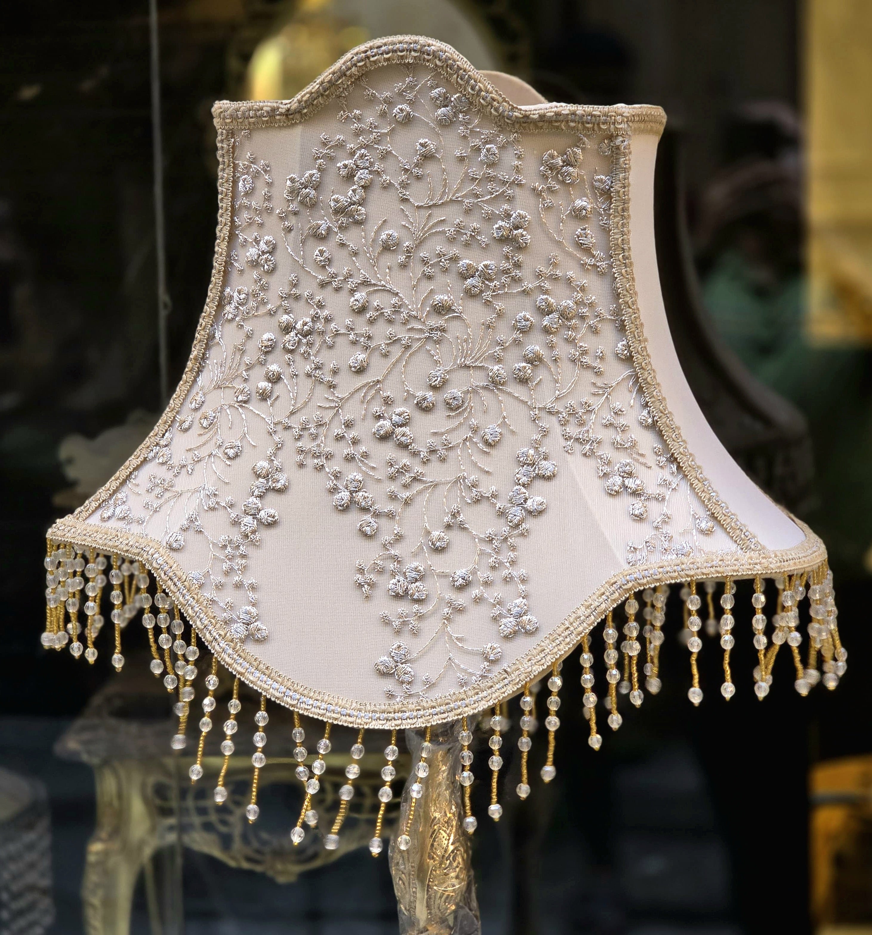 French-Style Gilded Floor Lamp – Ornate Gold Leaf Stand with Embroidered Ivory Shade & Crystal Fringe