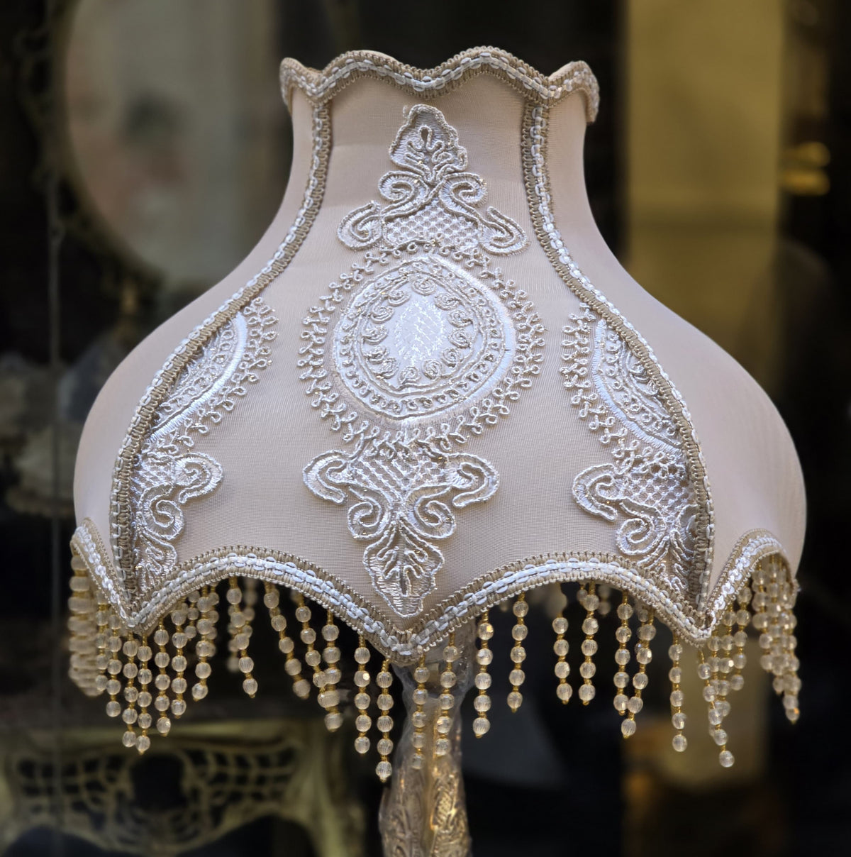 French-Style Gilded Floor Lamp – Ornate Gold Leaf Stand with Embroidered Fabric Shade & Crystal Fringe