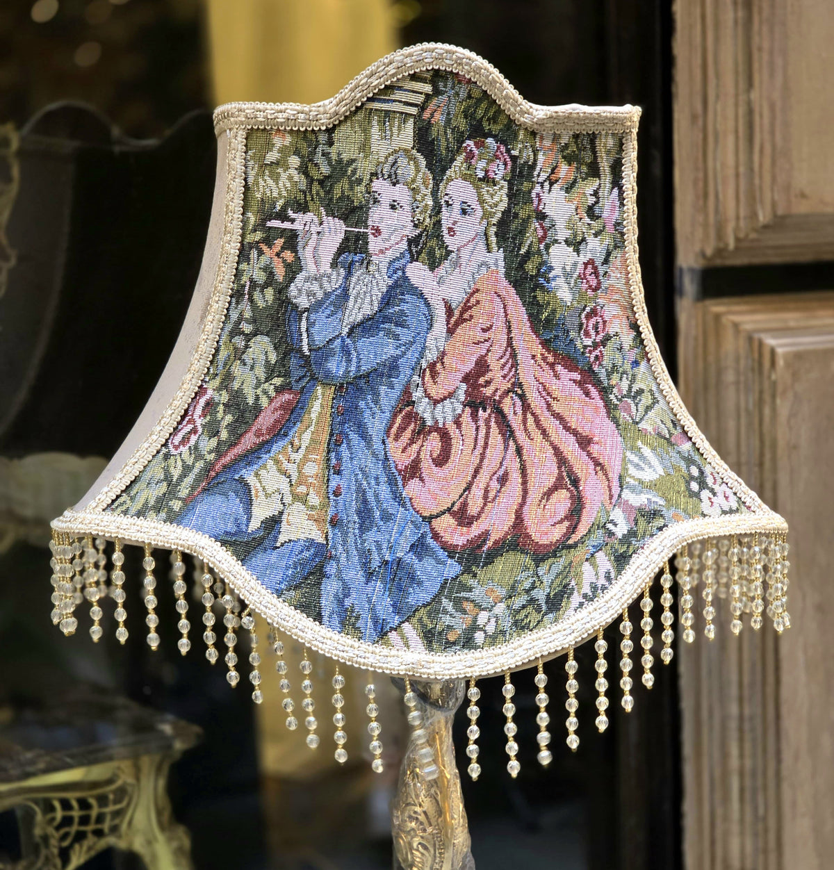French-Style Gilded Floor Lamp – Scenic Tapestry Shade with Crystal Fringe & Ornate Gold Leaf Stand