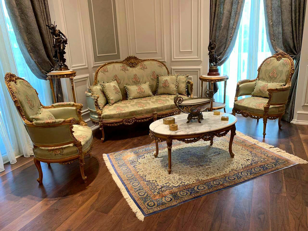 Elegant French Louis XV Style Salon Set – Sofa, 2 Armchairs, 7 Pillows & Ornate Coffee Table