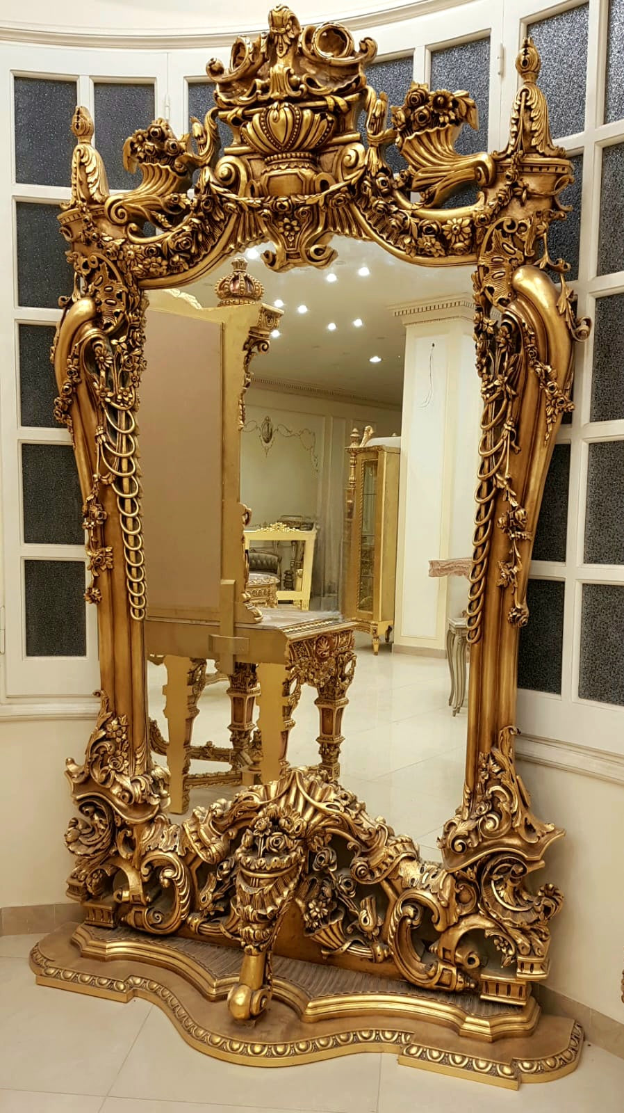 Grand French Rococo Wall Mirror – Extraordinary Gold Leaf Frame with Sculptural Floral & Scrollwork Details