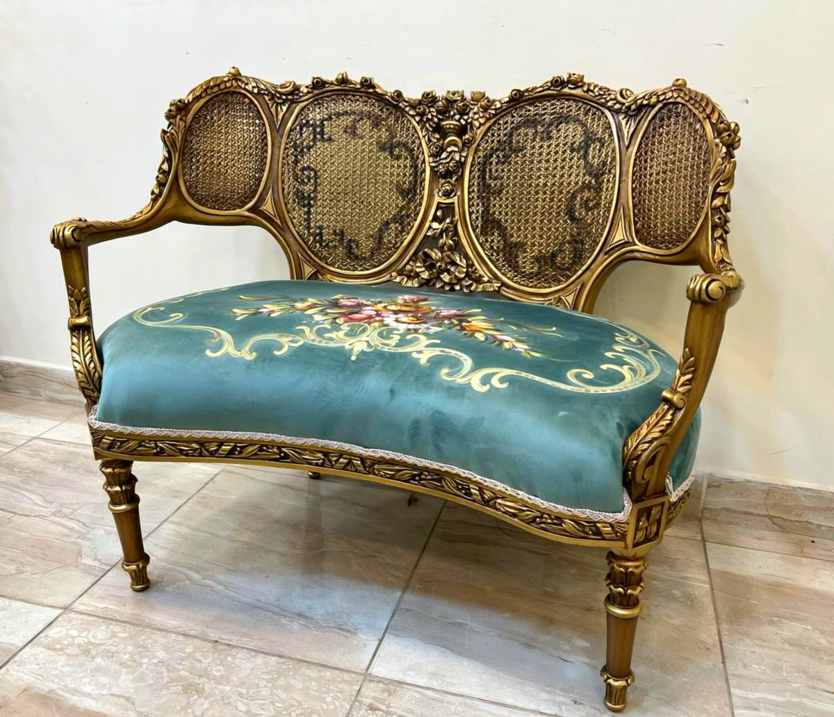 French Louis XV Style Settee – Turquoise Blue Velvet Seat with Floral Motif, Gilt Carved Frame & Cane Back