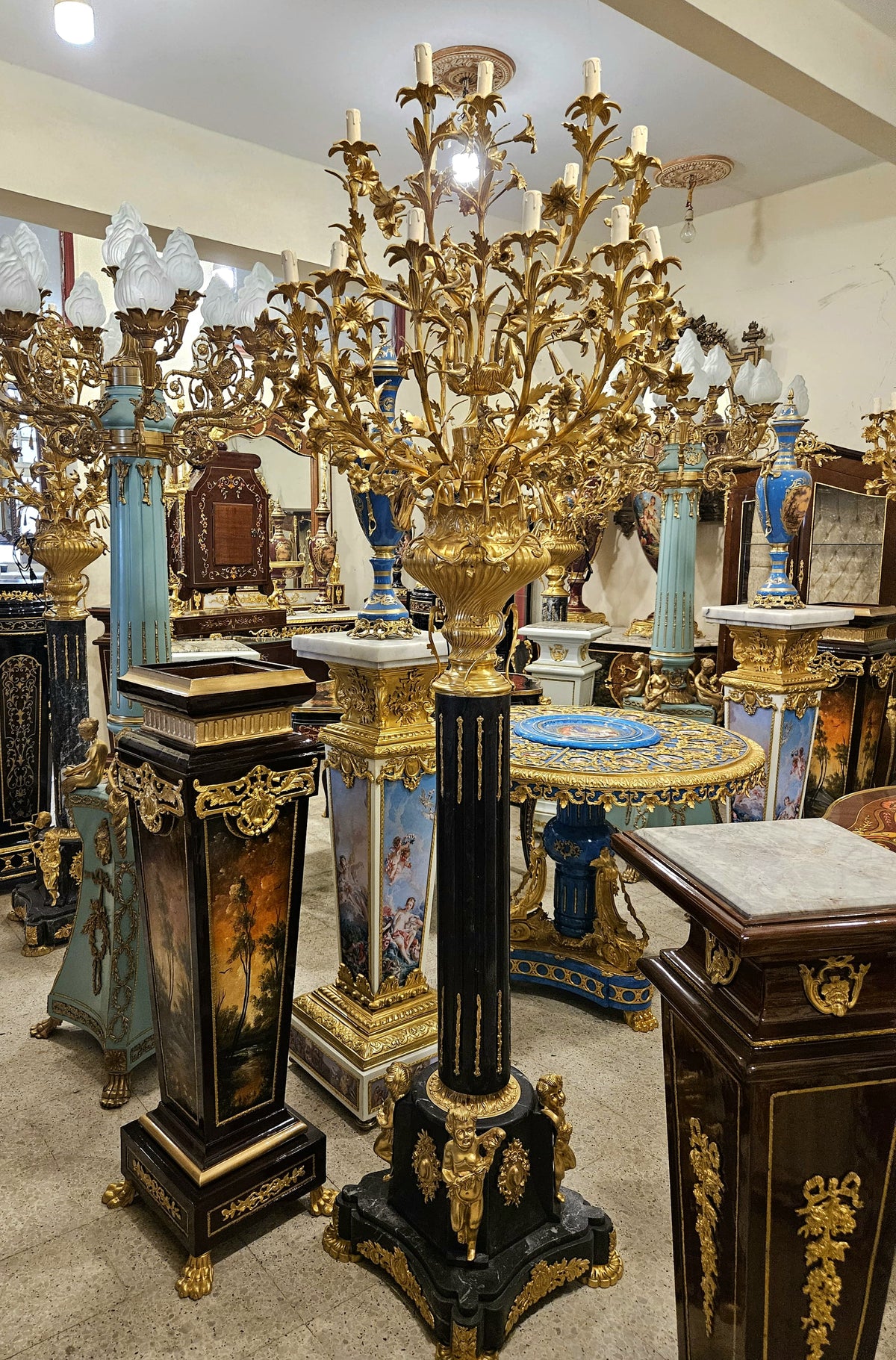 Elegant French Louis XVI Style Black Pedestal Candelabra – Floral Gold Leaf Details & Gilded Bronze Accents