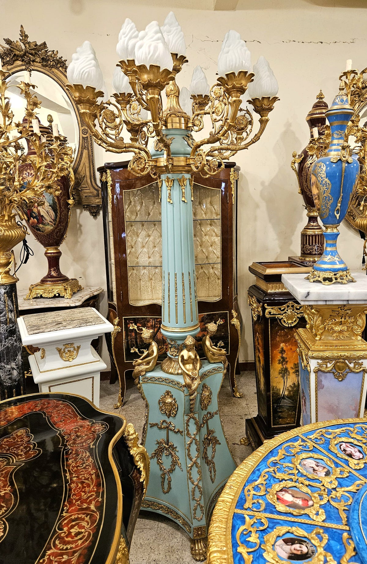 French Neoclassical Style Candelabra & Pedestal Set – Green Porcelain with Gold Leaf & Ornate Bronze Details