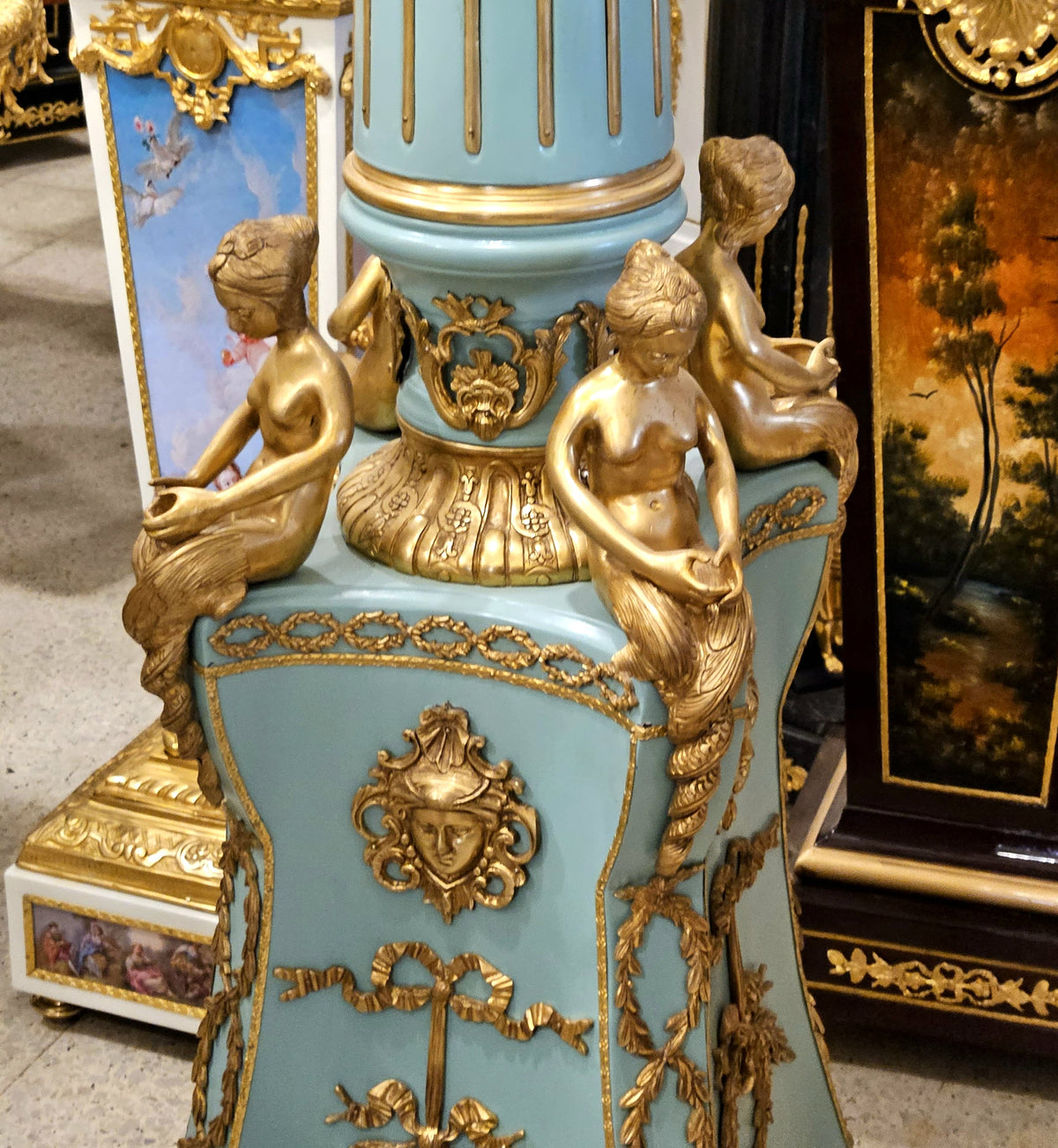French Neoclassical Style Candelabra & Pedestal Set – Green Porcelain with Gold Leaf & Ornate Bronze Details