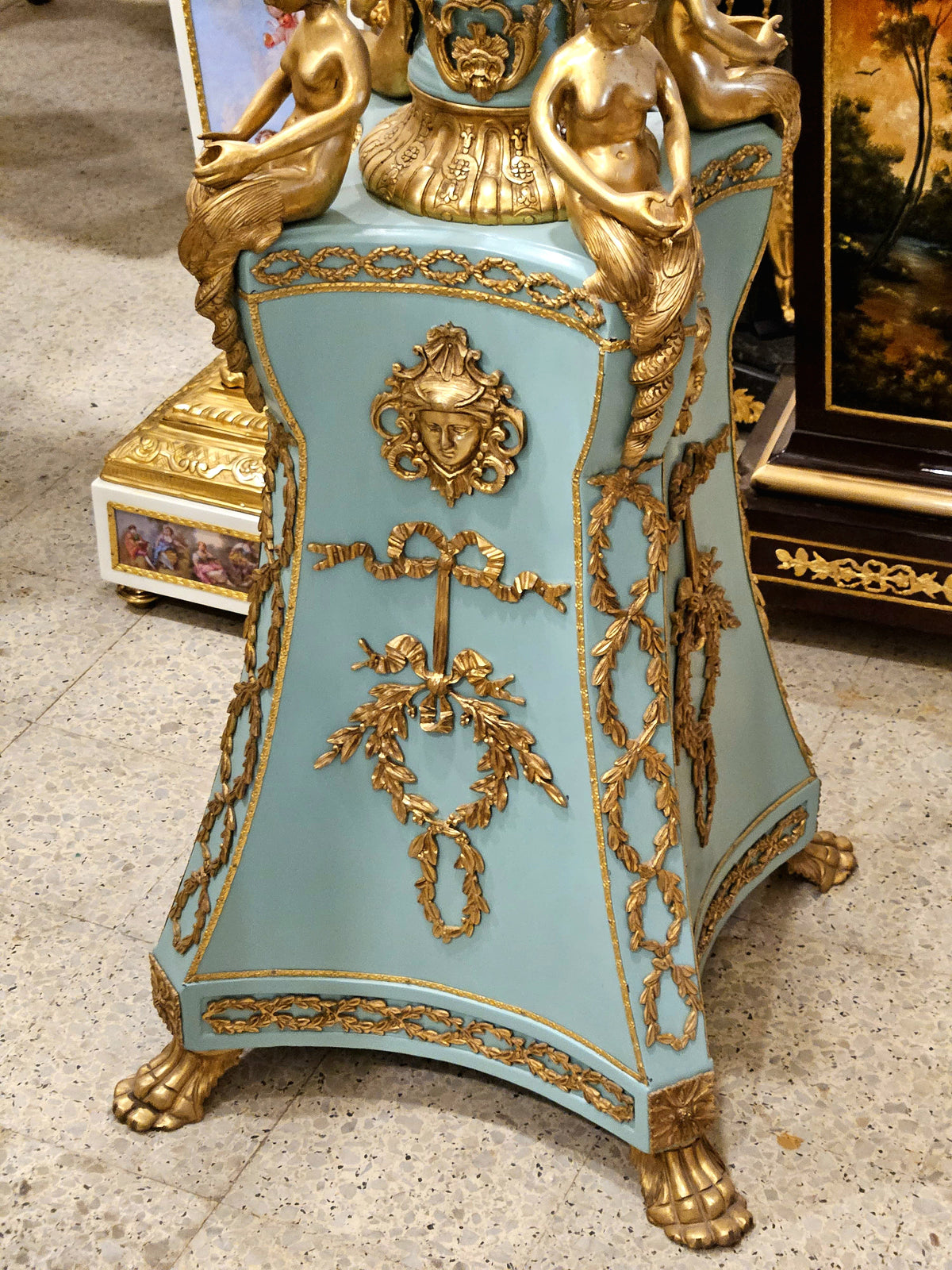 French Neoclassical Style Candelabra & Pedestal Set – Green Porcelain with Gold Leaf & Ornate Bronze Details