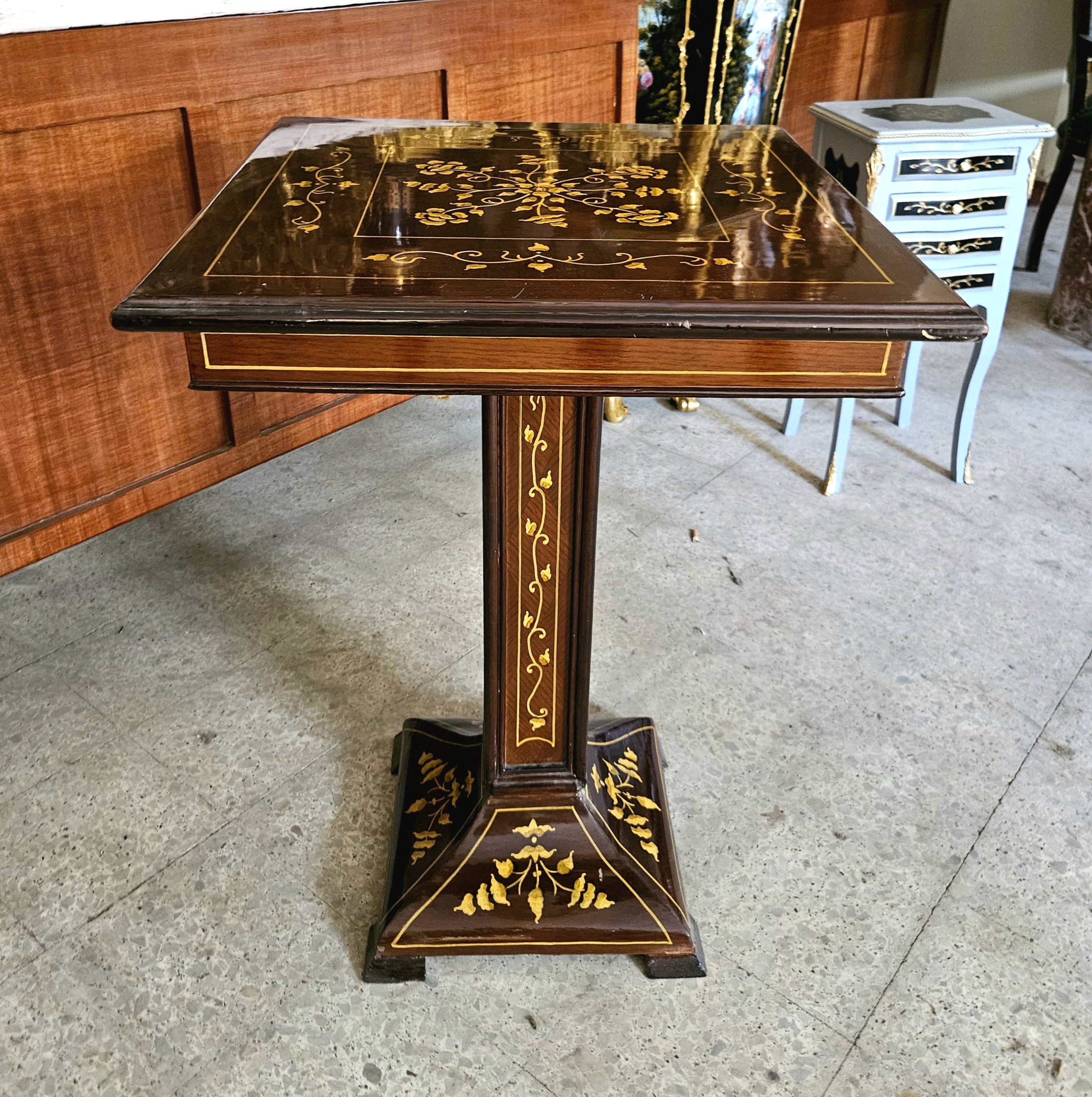 French Louis XVI Style Side Table – Dark Wood with Ornate Gold Inlay & Floral Marquetry