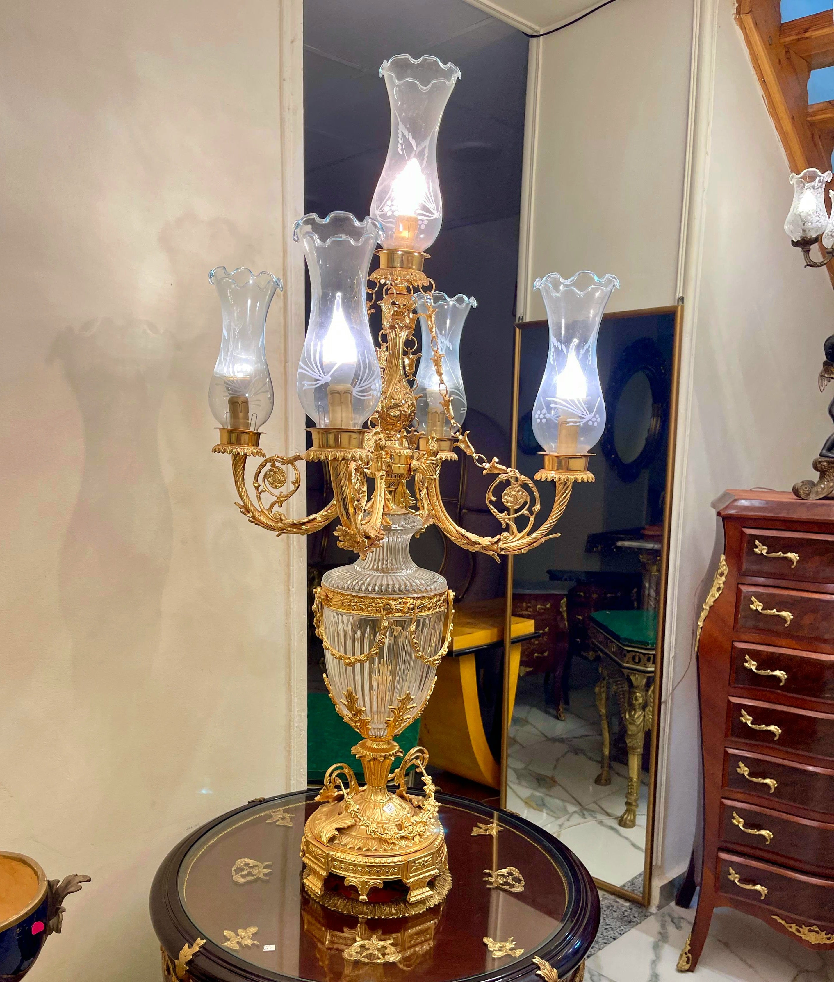 French-Style Crystal Candelabra Lamp – Ornate Bronze, Gold Leaf & Cascading Crystal Accents