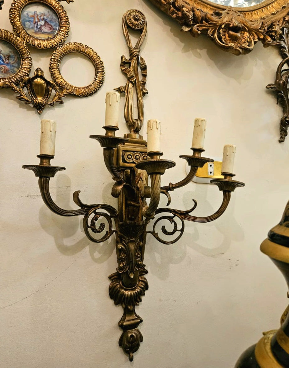 Ornate Gilded Bronze Five-Light Wall Sconce – Scrolled Arms, Foliate Carving & Dramatic Finial
