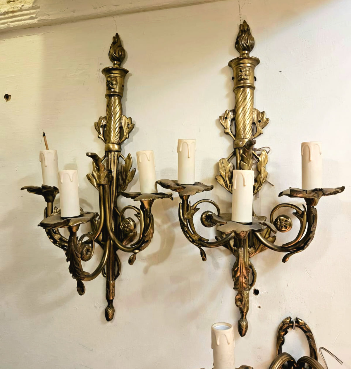 Elegant French Louis XV Style Five-Light Wall Sconces – Gold Leaf Bronze with Ornate Foliate Details