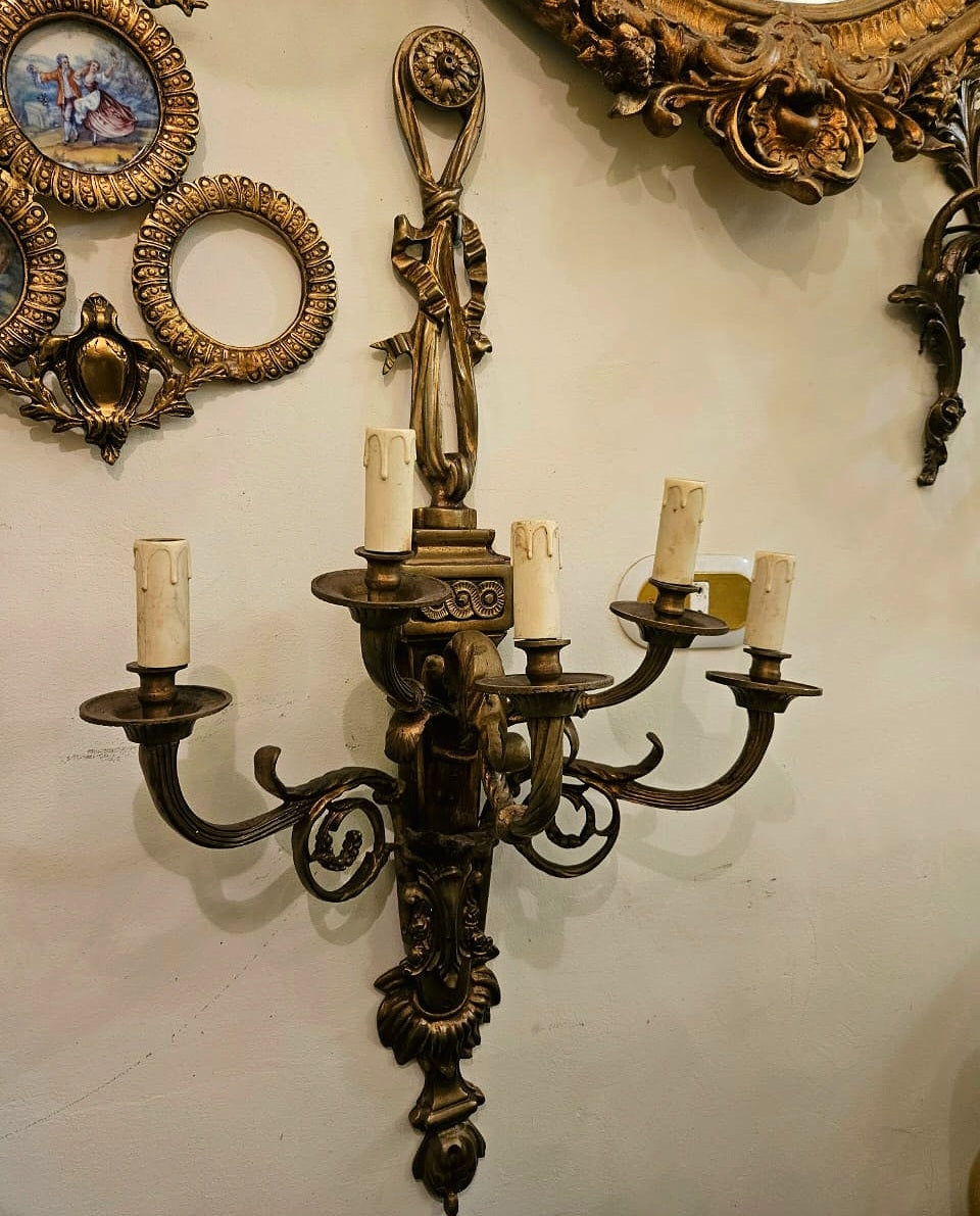 Ornate Gilded Bronze Five-Light Wall Sconce – Scrolled Arms, Foliate Carving & Dramatic Finial