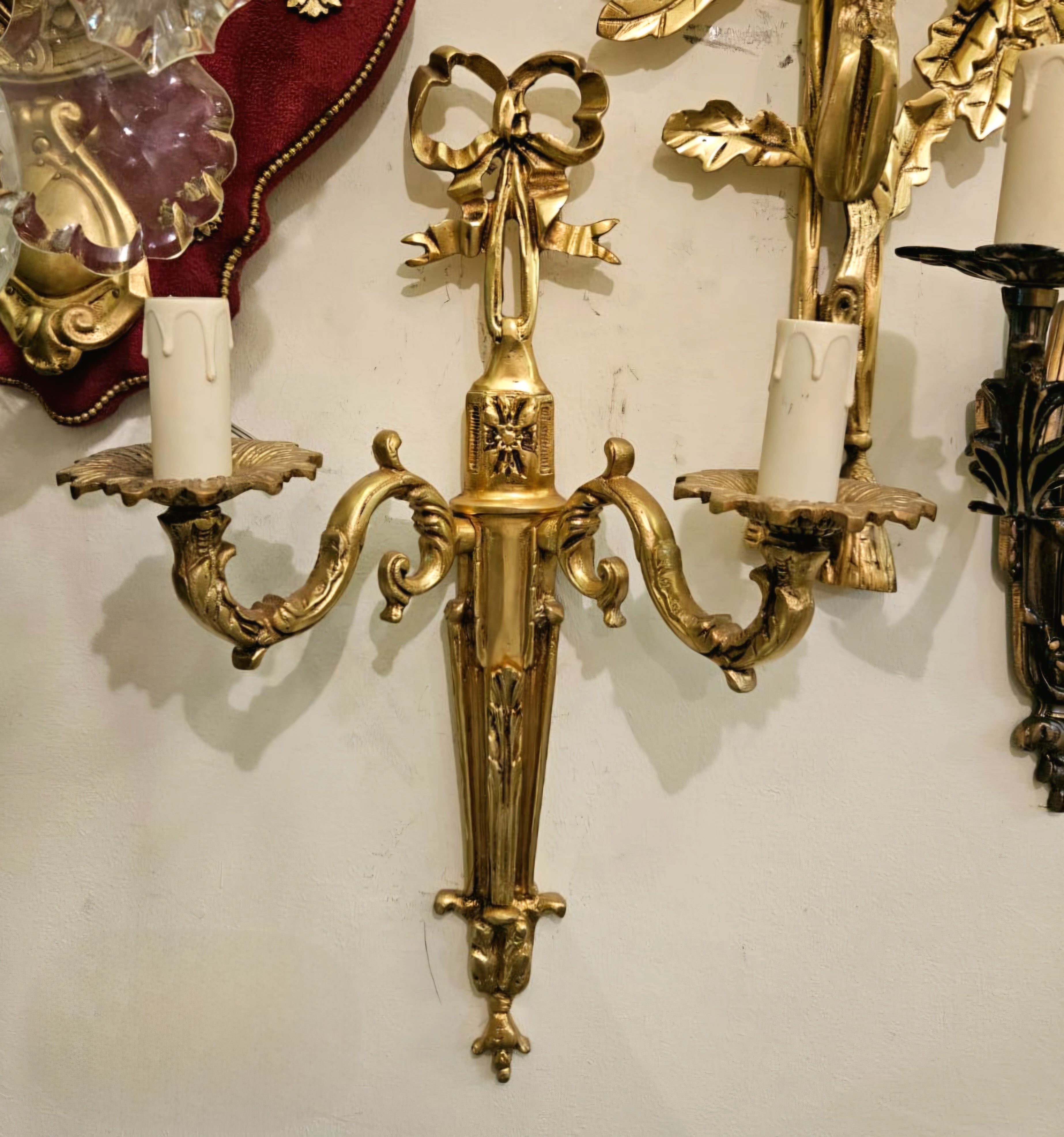 Elegant French Louis XVI Style Two-Light Wall Sconce – Gold Leaf Bronze with Decorative Bow