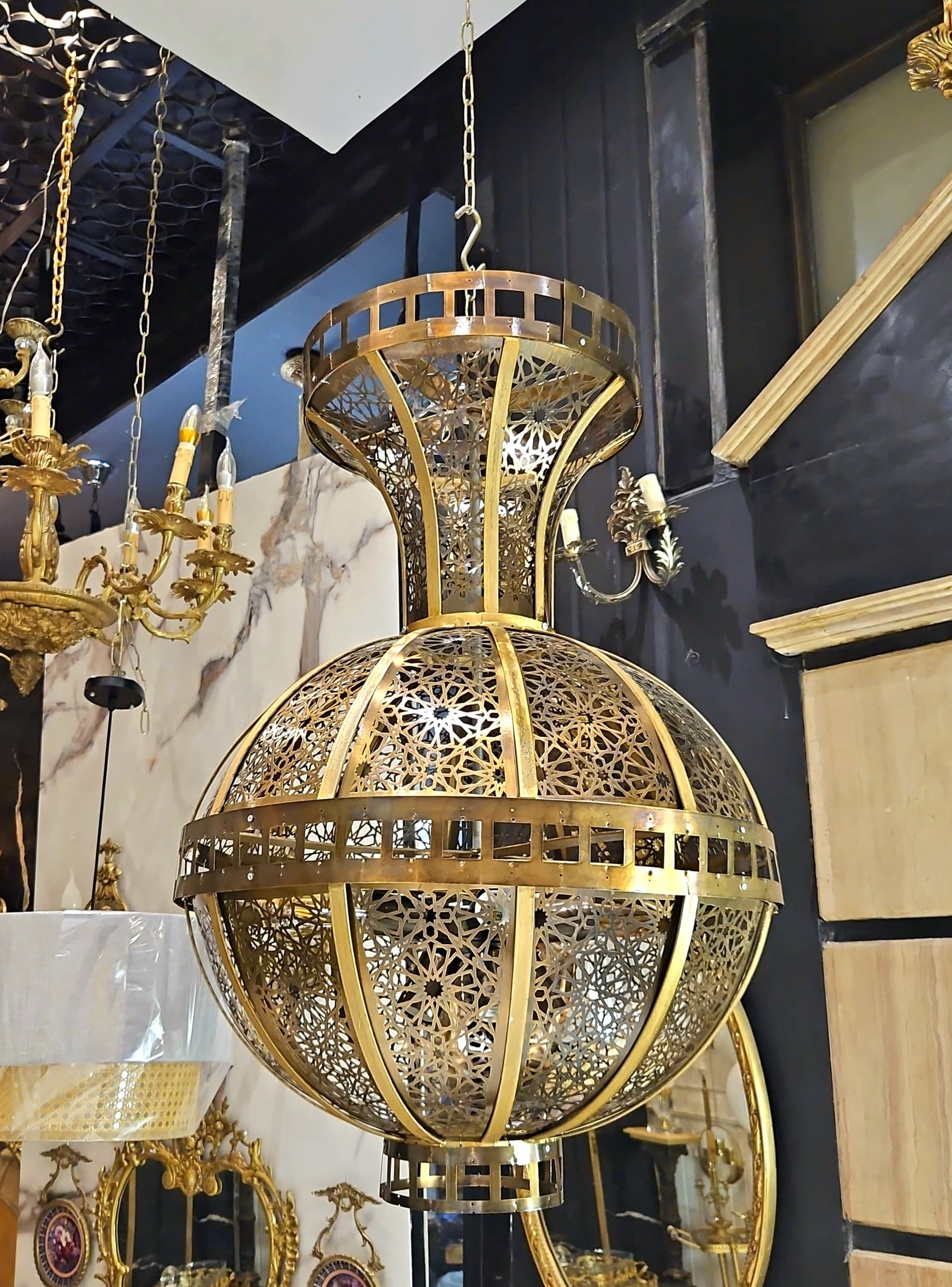 Unique Gold Leaf Moorish Style Sphere Chandelier – Intricate Filigree & Geometric Openwork Design