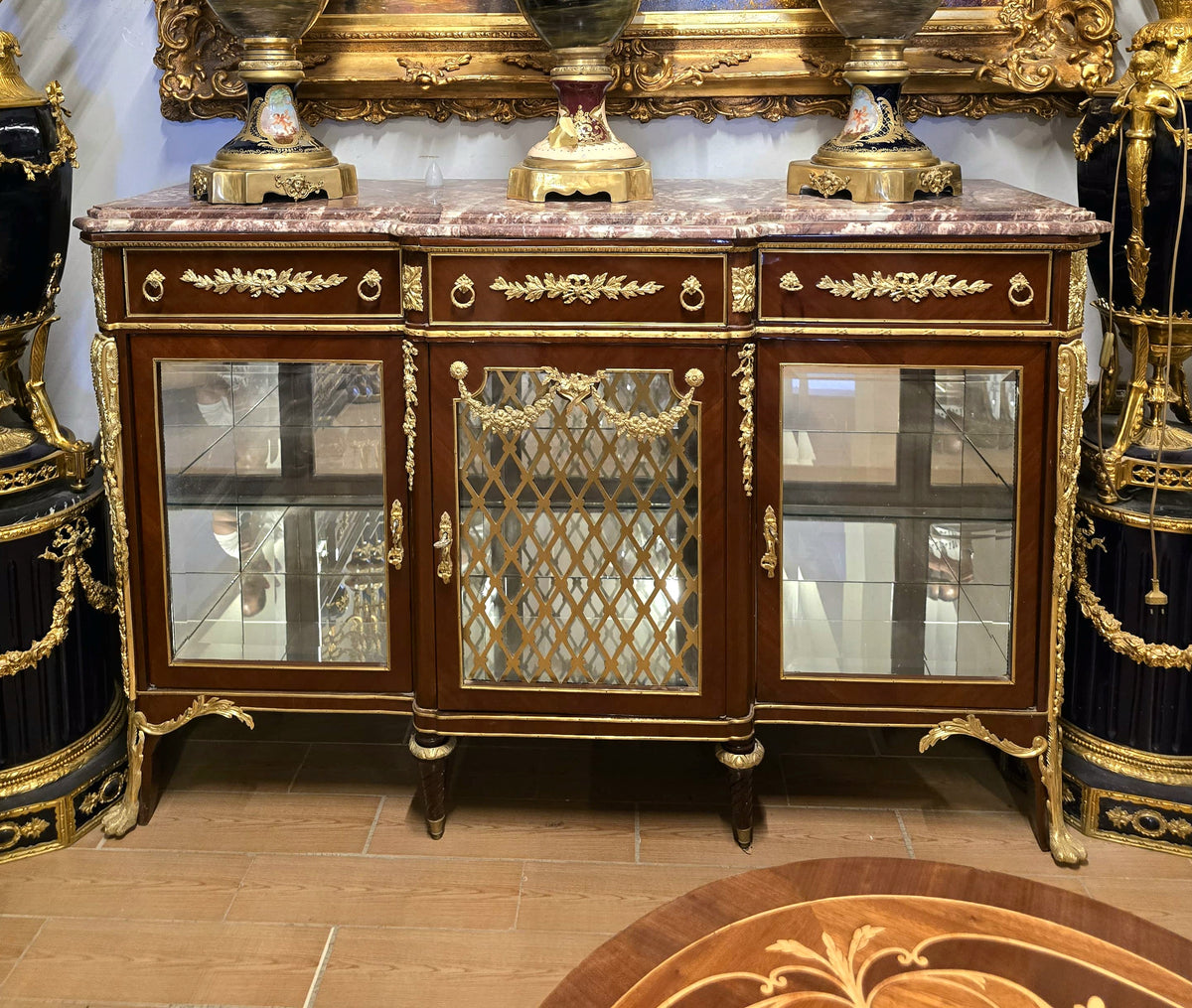 Grand French Louis XVI Style Mirrored Vitrine Cabinet – Marble Top, Gold Leaf & Bronze Details