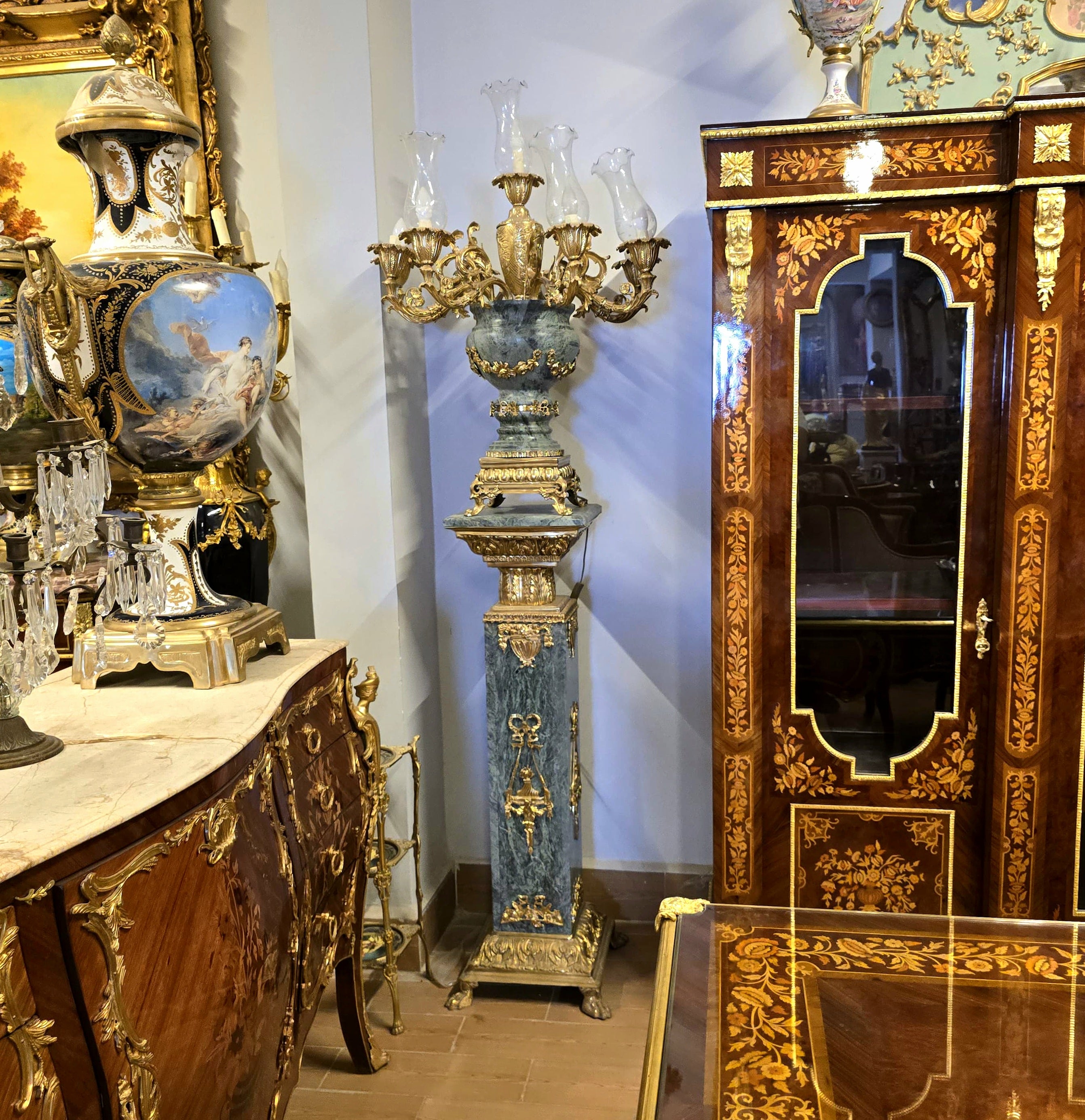 French Neoclassical Style Decorative Vase & Pedestal – Green, Gray & White with Gold Leaf & Bronze Details